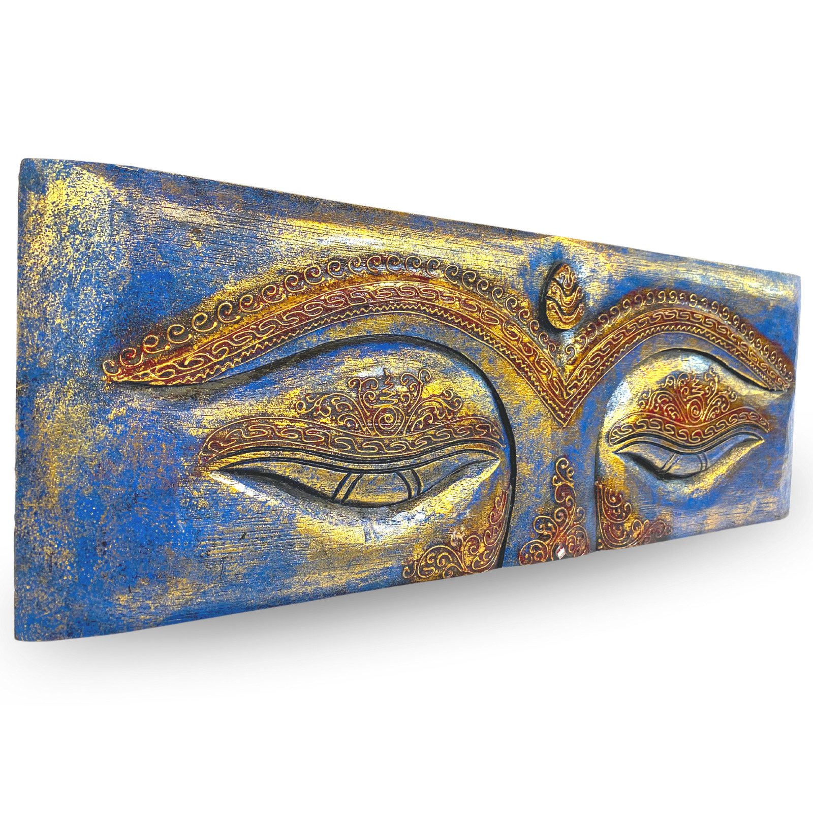 Wise Eyes of Buddha Wall art Panel Sculpture Hand Carved Wood Blue Bali art