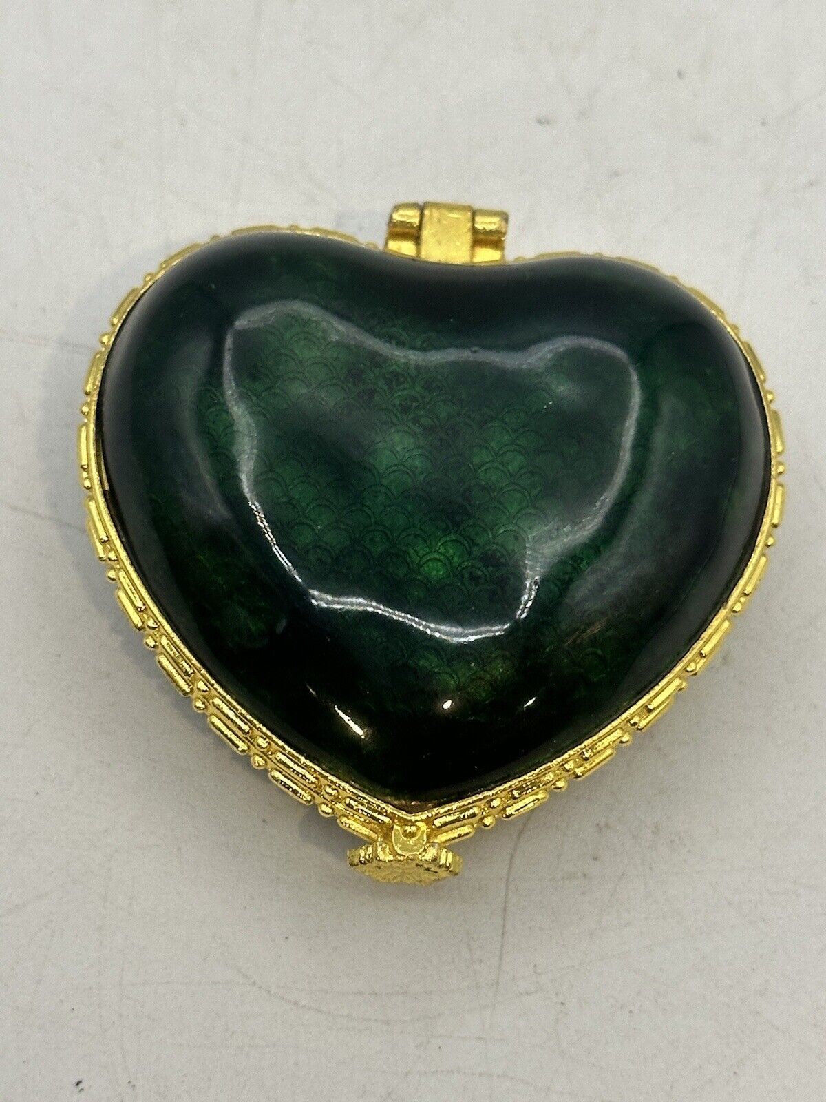 Brass And Enamel Heart Shaped Trinket Box Hinged Lid Dark Green Ornate Trimming
