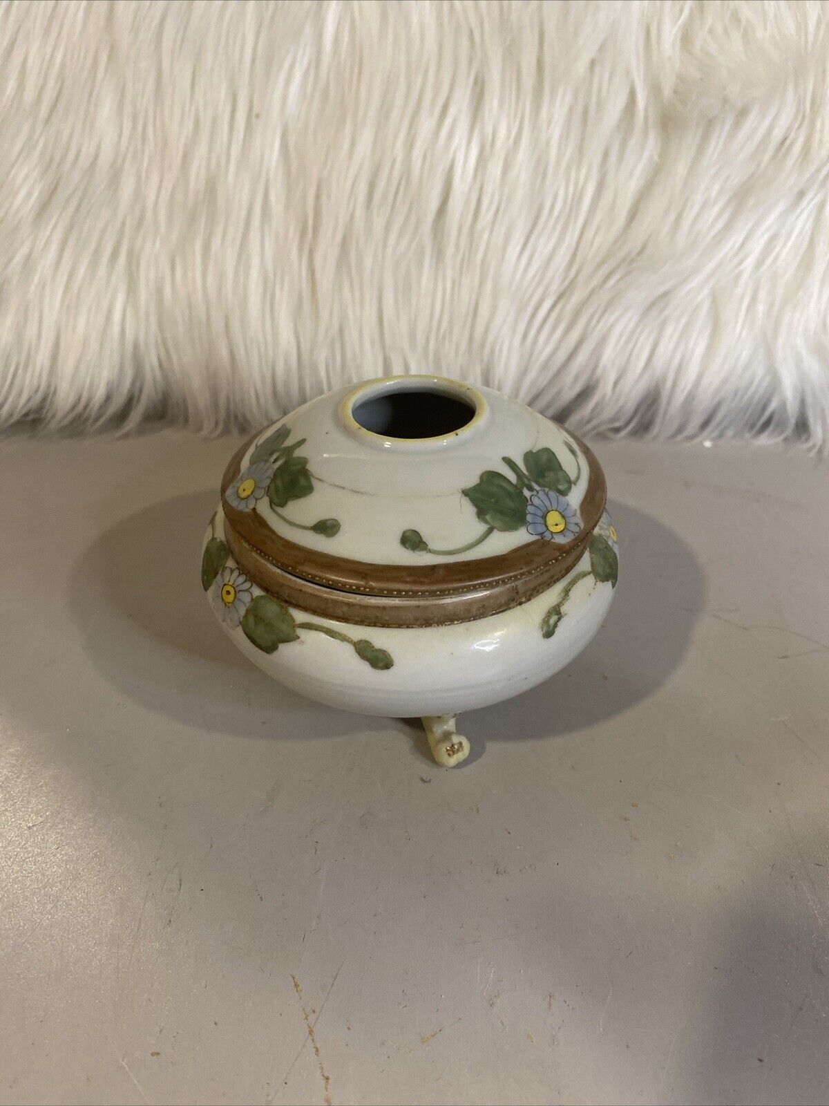 Vintage Porcelain Hair Receiver, Vanity Jar Trinket Hand Painted Floral Nippon