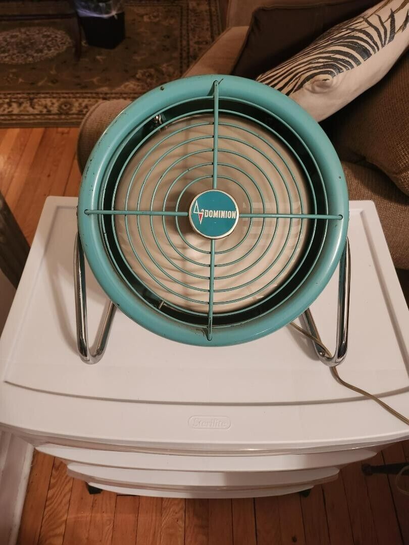 Vintage 1950's or 1960's Dominion Table-top 1-Speed, 4-Blade Fan. Turquoise/Aqua