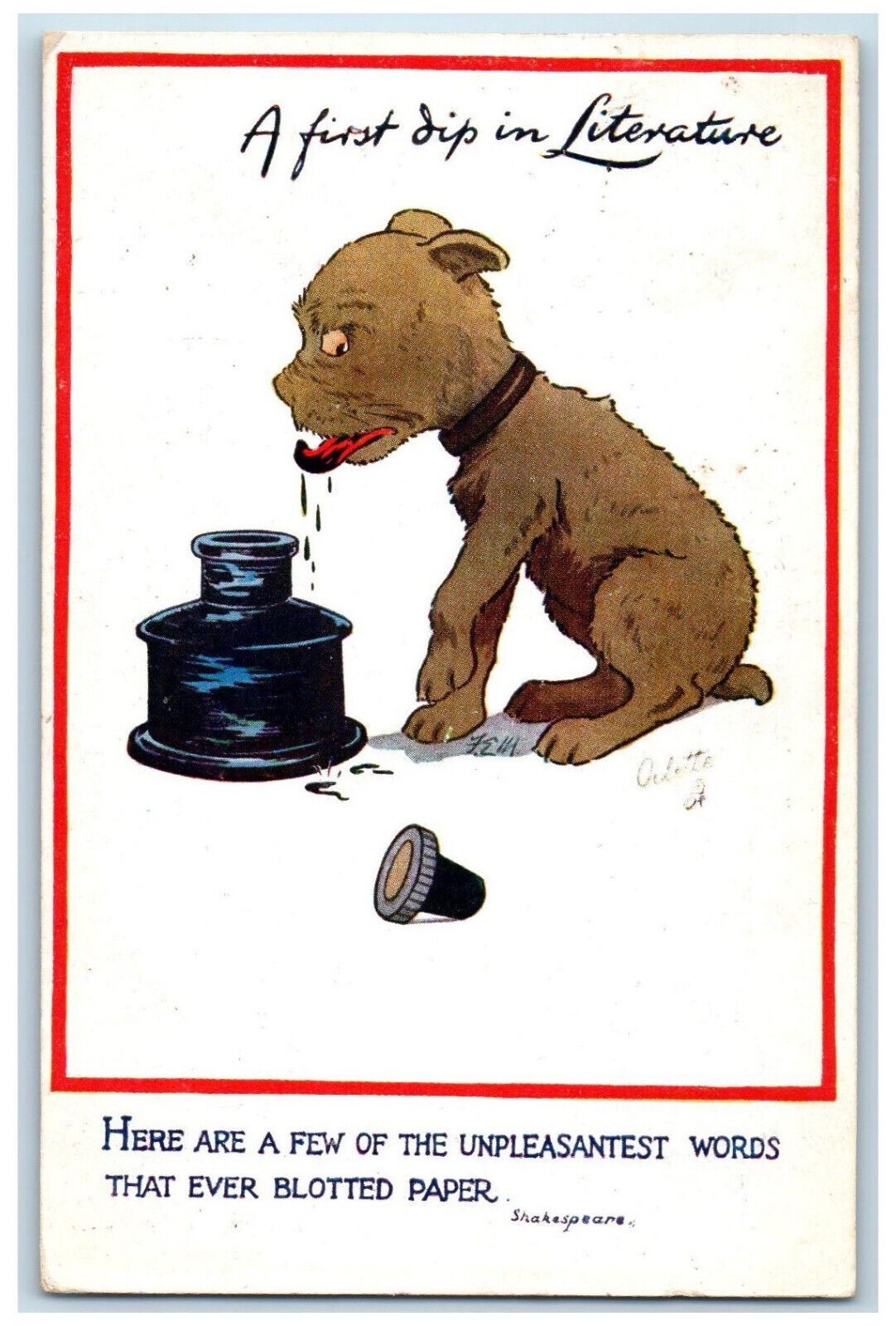 Postcard Dip in Literature Buster Brown Dog Ink 1917 Posted Oilette Tuck Dogs