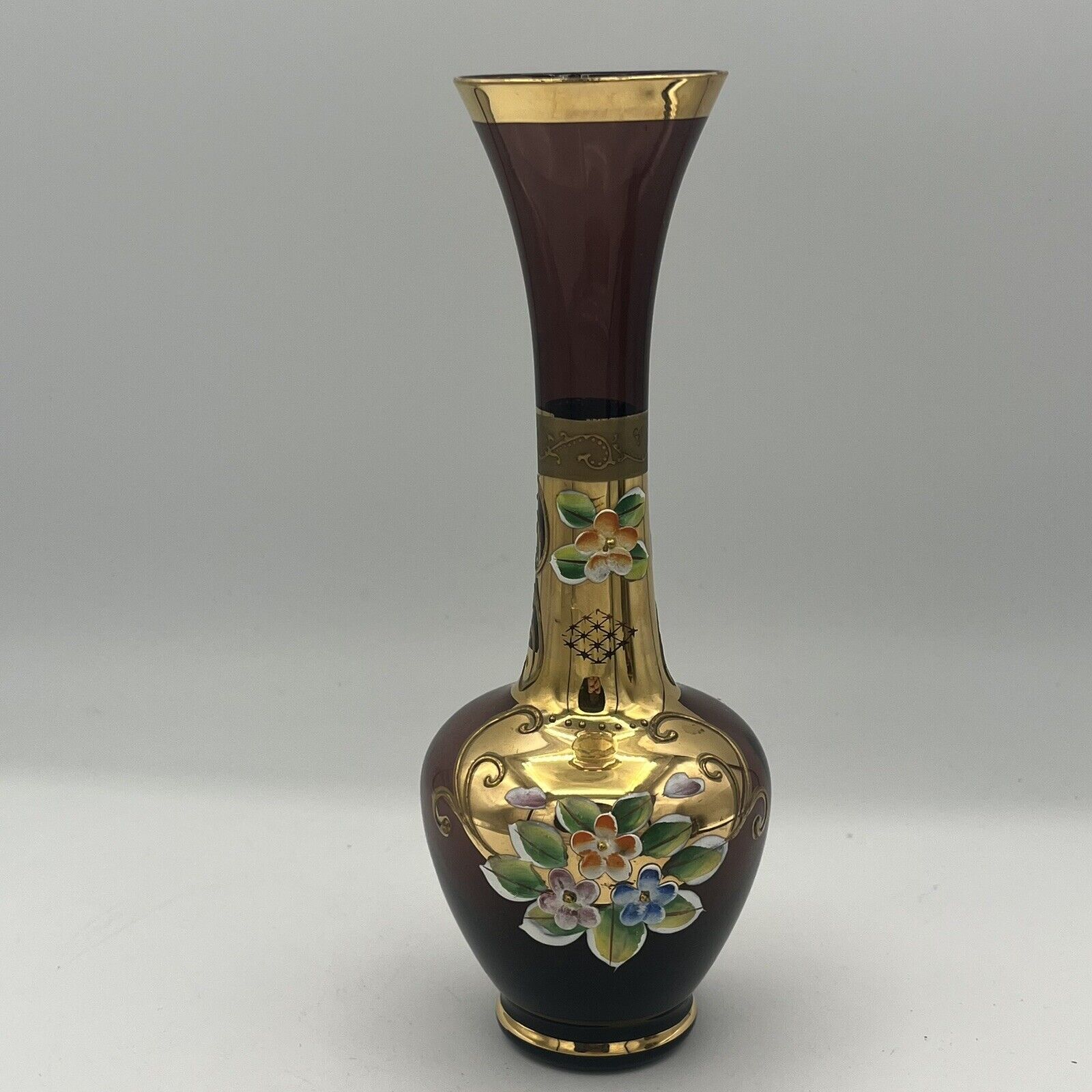 Vintage Amethyst Handpainted And Gilded Glass Vase