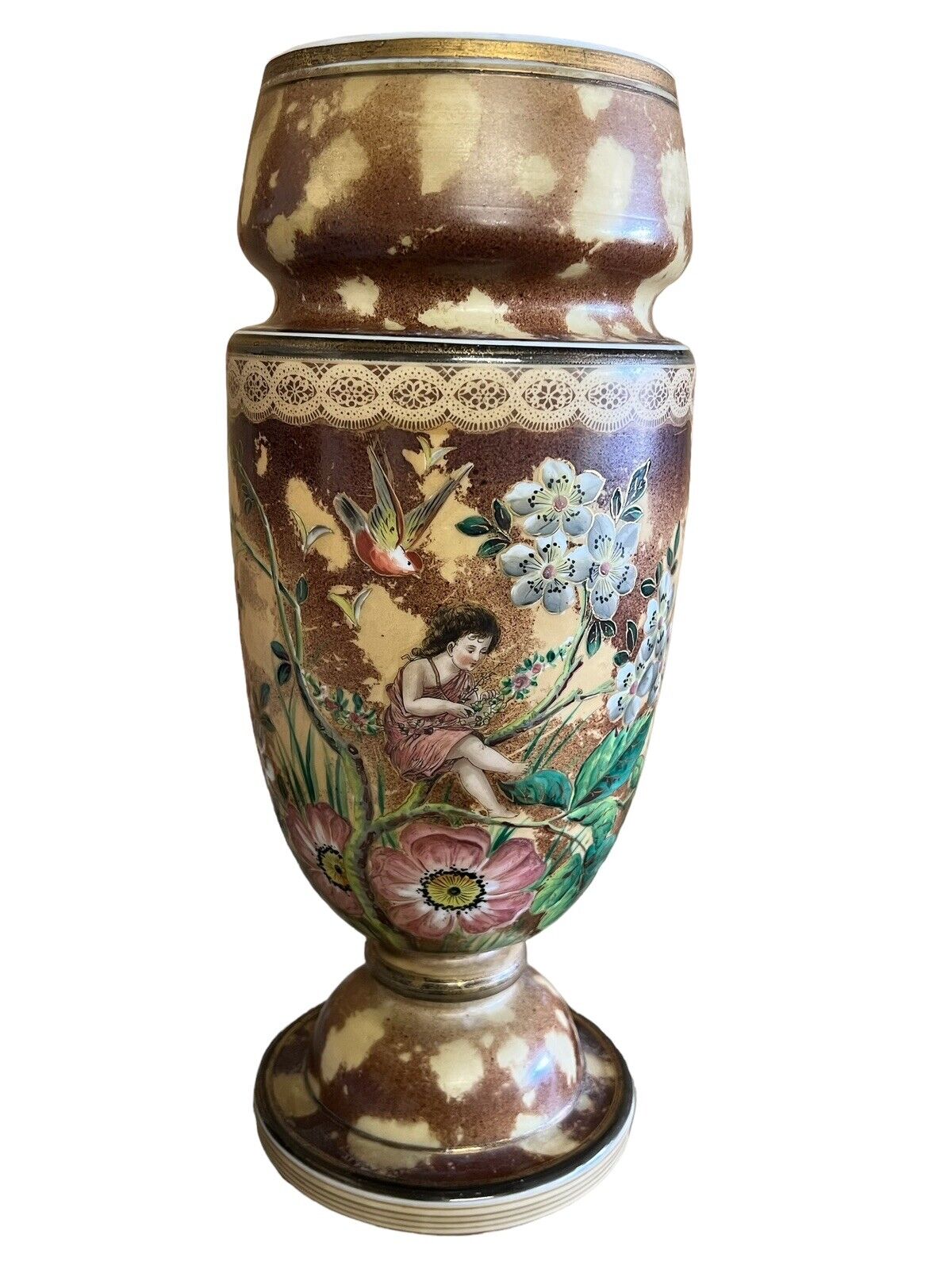 Victorian Bohemian Harrach Hand Painted Girl Bird Floral  Glass Vase 15.5” BIG