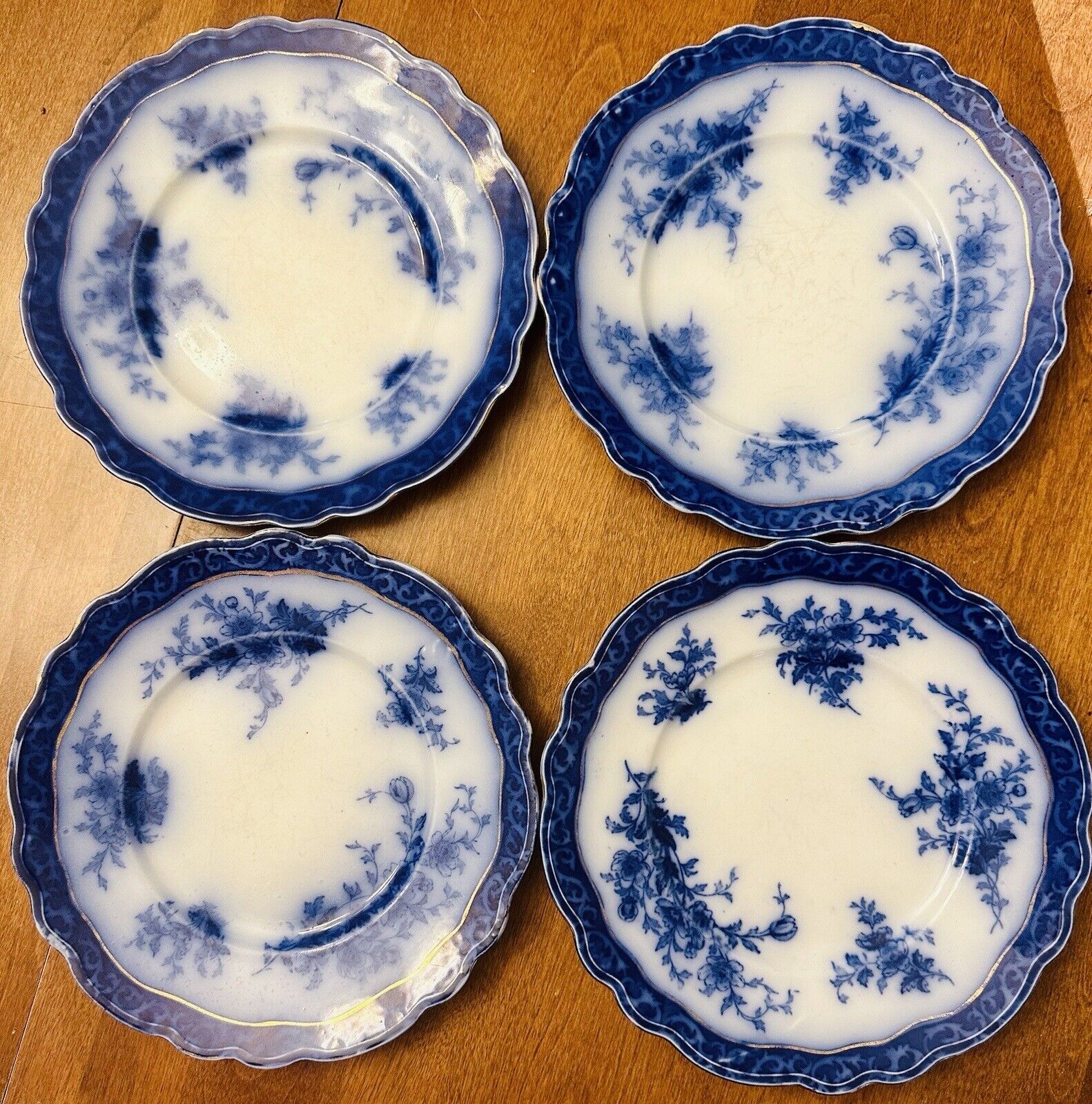 ANTIQUE FLOW BLUE “Touraine” SET of 4 Plates 9” Henry Alcock ENGLAND 1900 EUC
