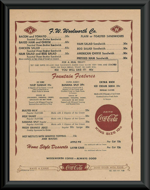 1950s Woolworth Lunch Counter Menu Reprint On 60 Year Old Paper *P189