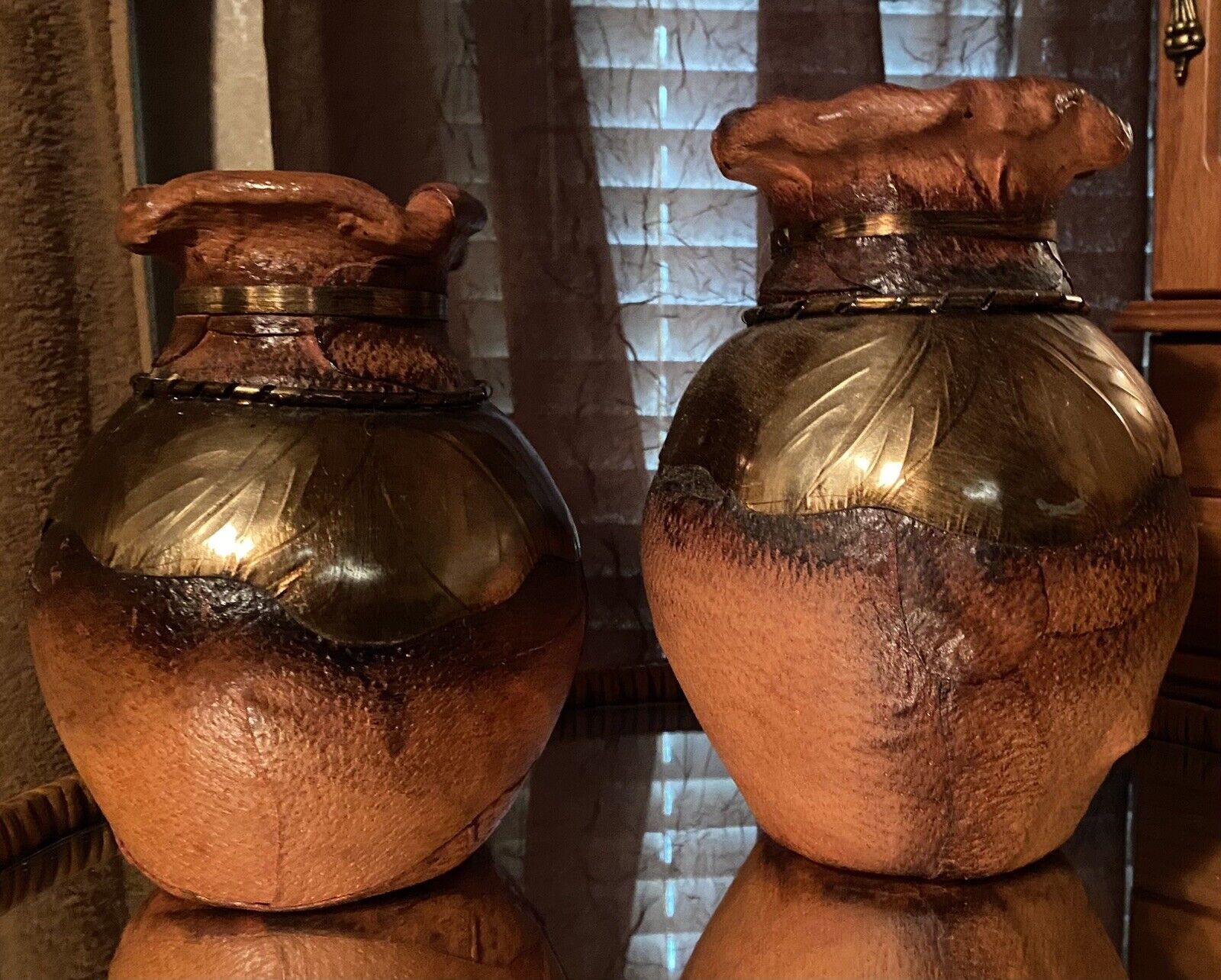 Mid Century Leather Wrapped Pottery Vase Etched Brass Tone Metal Collar Set
