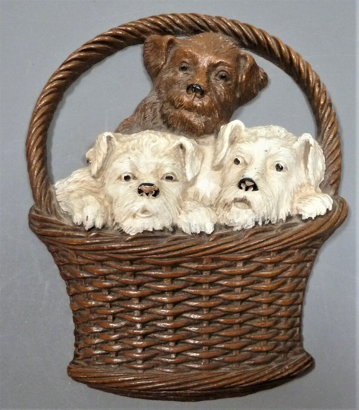 Vintage Wall Hanging Basket of Puppies by Ornawood, 1940s Label Victory Shop