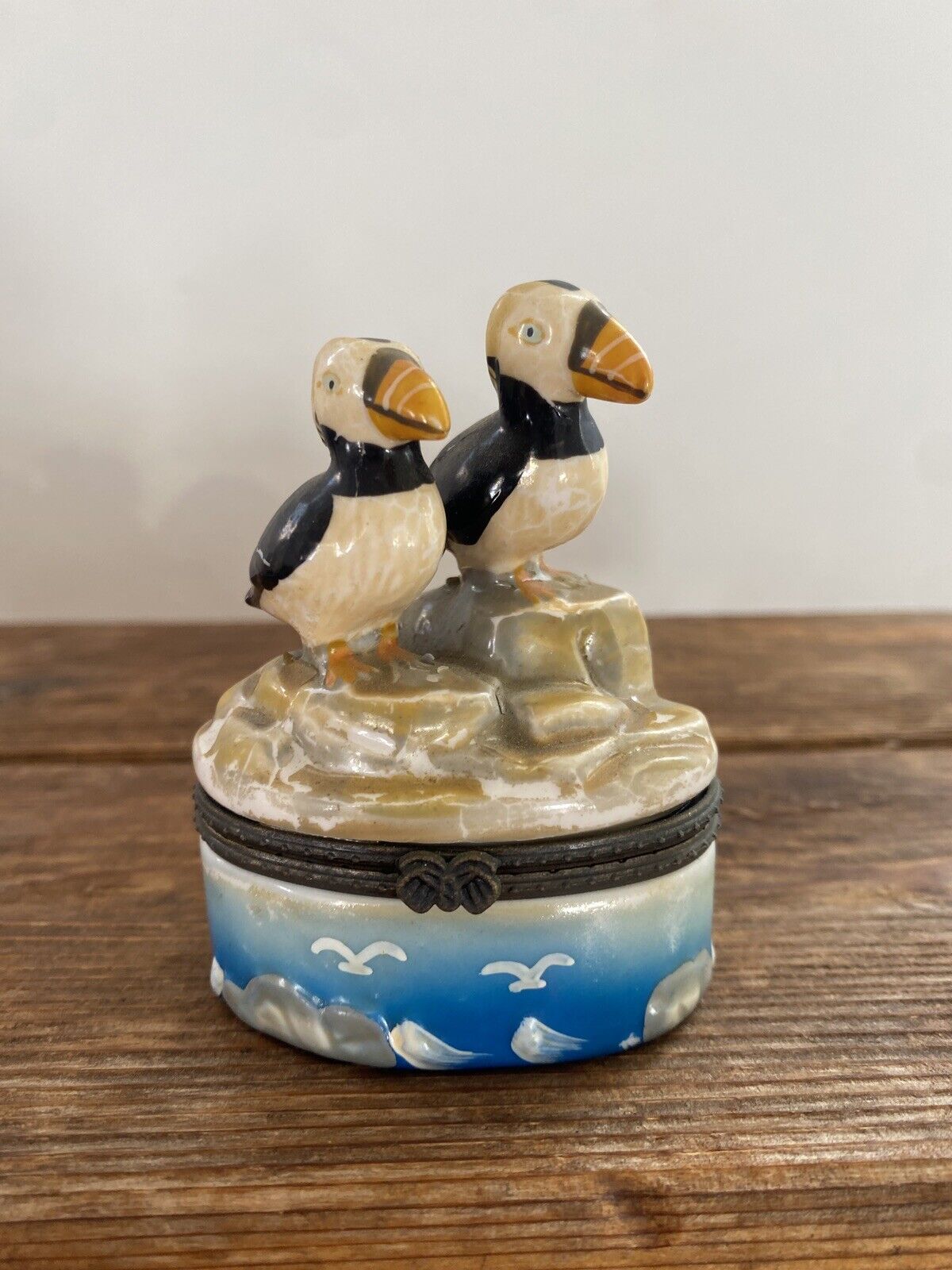 Vintage Puffin Pair Painted Porcelain Hinged Pill Box Trinket Holder Sea Birds