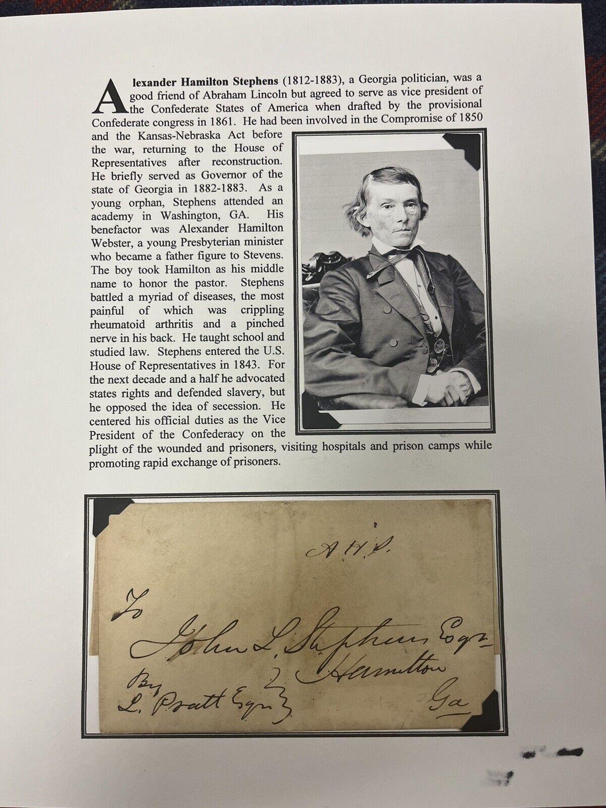 Alexander H. Stephens, CSA V.P. (Signed, Initials, Autograph) AUTHENTIC READ