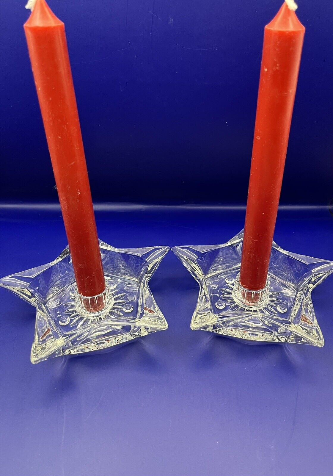 Two Vintage Clear Glass Star Shaped Taper Candle Stick Holders