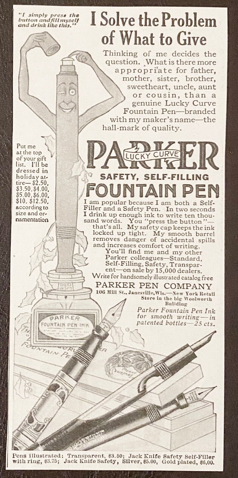 1916 PARKER FOUNTAIN PEN Vtg Xmas Print Ad~Lucky Curve Jack Knife Janesville,Wis