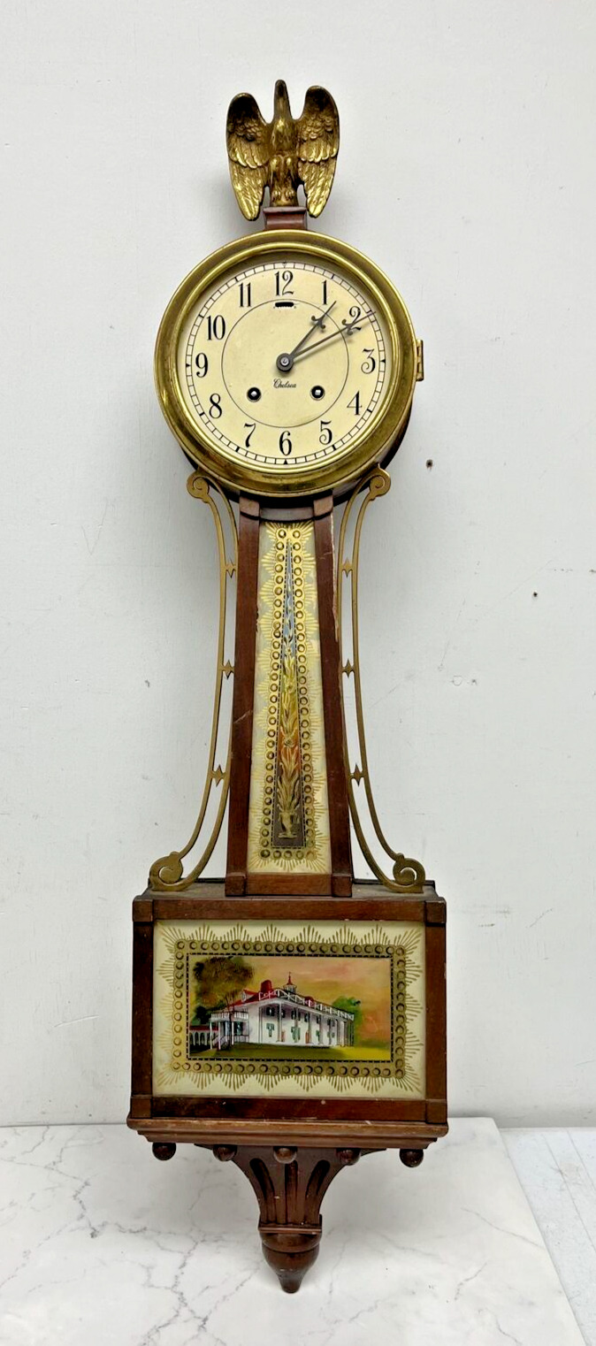 Vintage Chelsea Banjo Clock Reverse Painted Glass Mount Vernon Bronze Eagle
