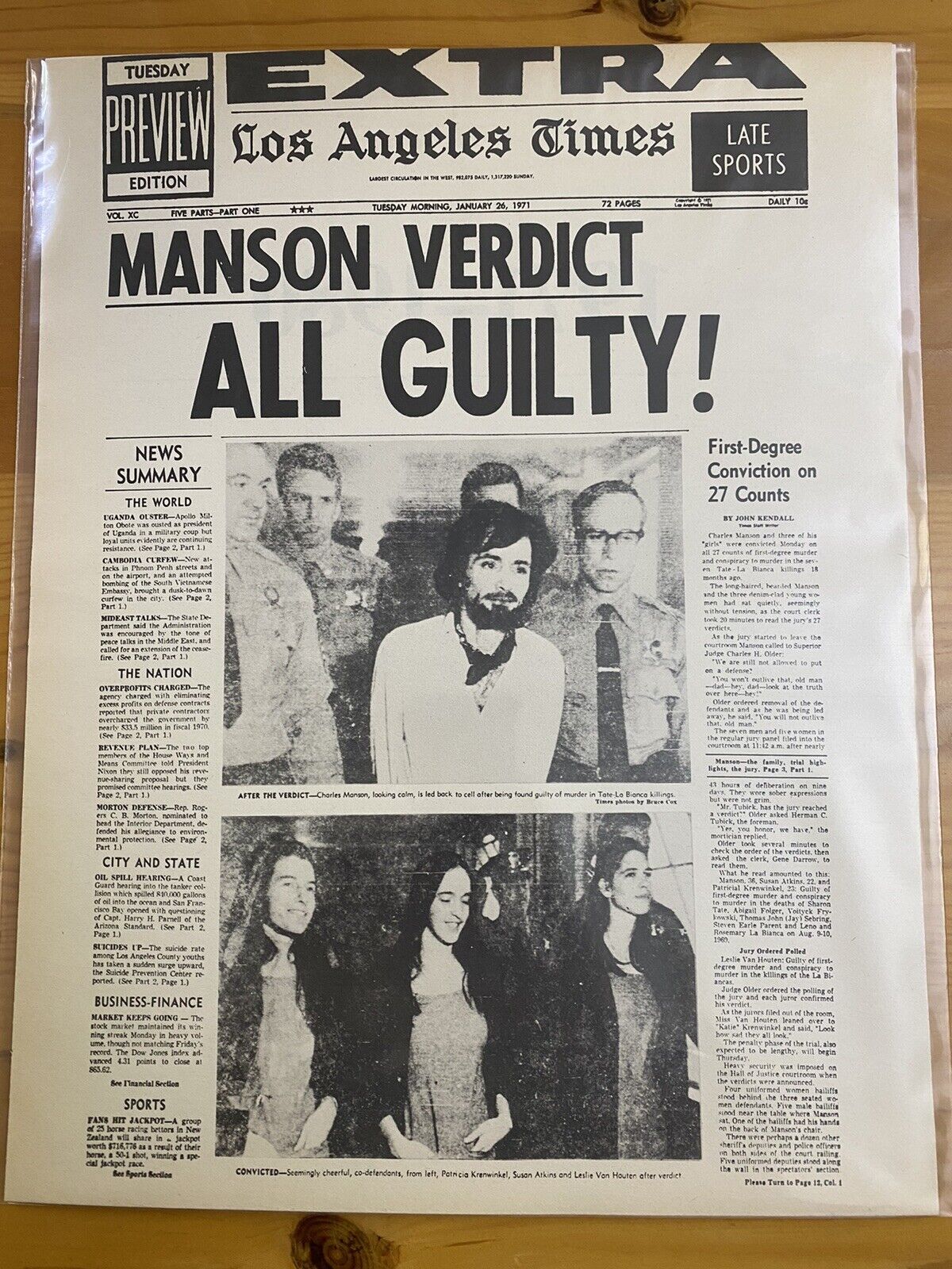 VINTAGE NEWSPAPER HEADLINE ~CULT MURDER KILLER CHARLES MANSON COURT GUILTY 1971