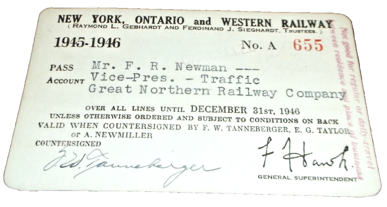 1945 1946 NEW YORK ONTARIO & WESTERN NYO&W EMPLOYEE PASS #655
