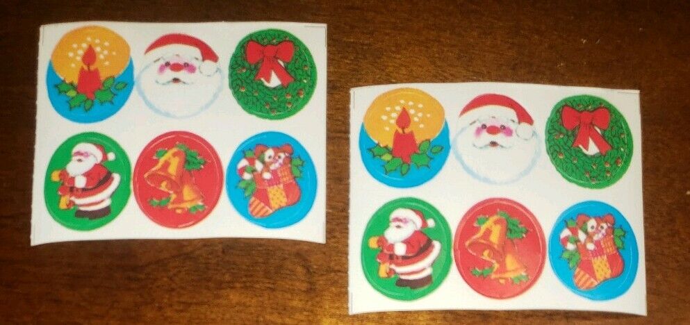Vintage Peck Inc.Christmas Seals, Santa, bell, candle, stocking w/puppy & wreath