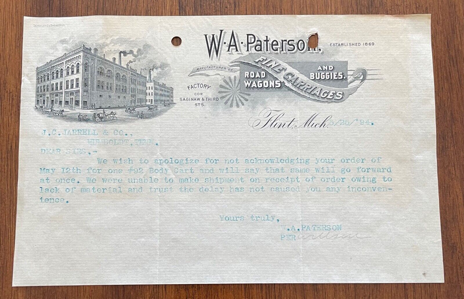 1894 letterhead WA Paterson road wagons carriages buggies graphic Flint MI