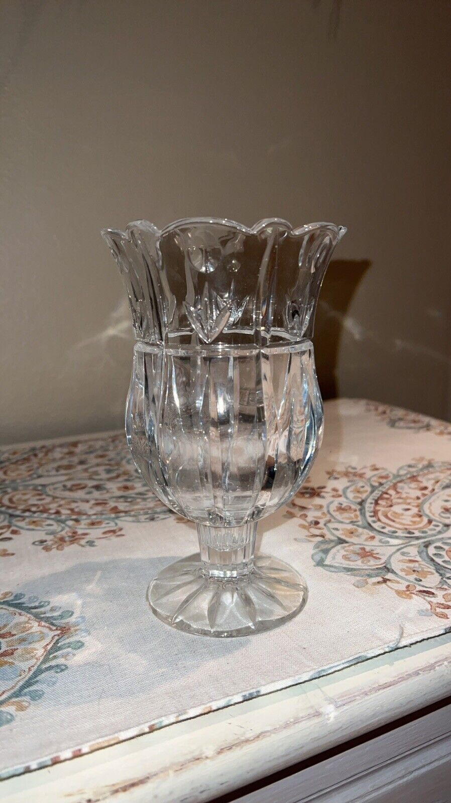 Glass Lead Crystal Pedestal Vase Candle Holder Scalloped Edges, Tulips
