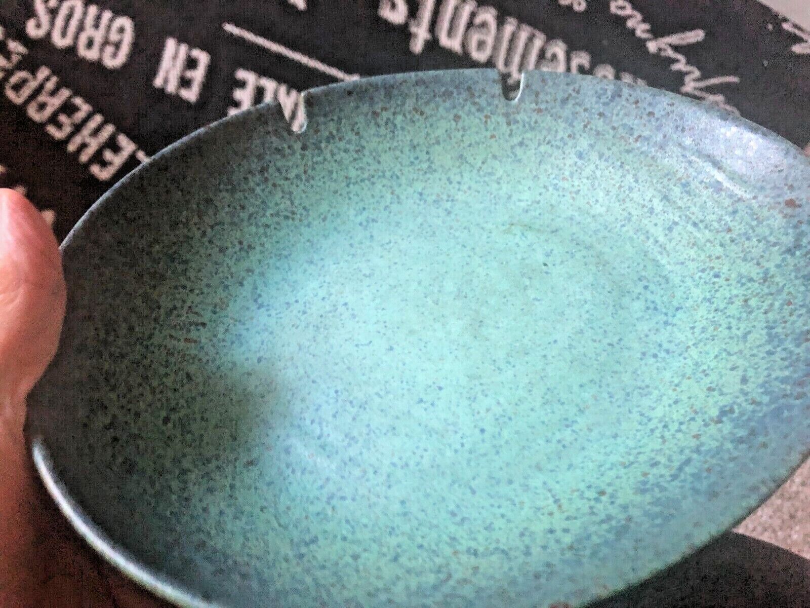 Vtg MCM Blue Green Speckle FELIX TISSOT Taxo ART POTTERY Amoeba Ashtray Bowl a