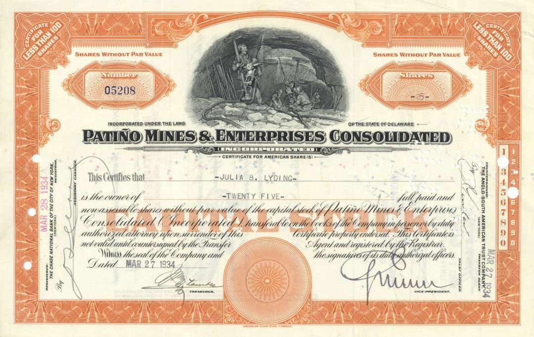 Patino Mines & Enterprises Consolidated signed by member of Patino Family - 1934