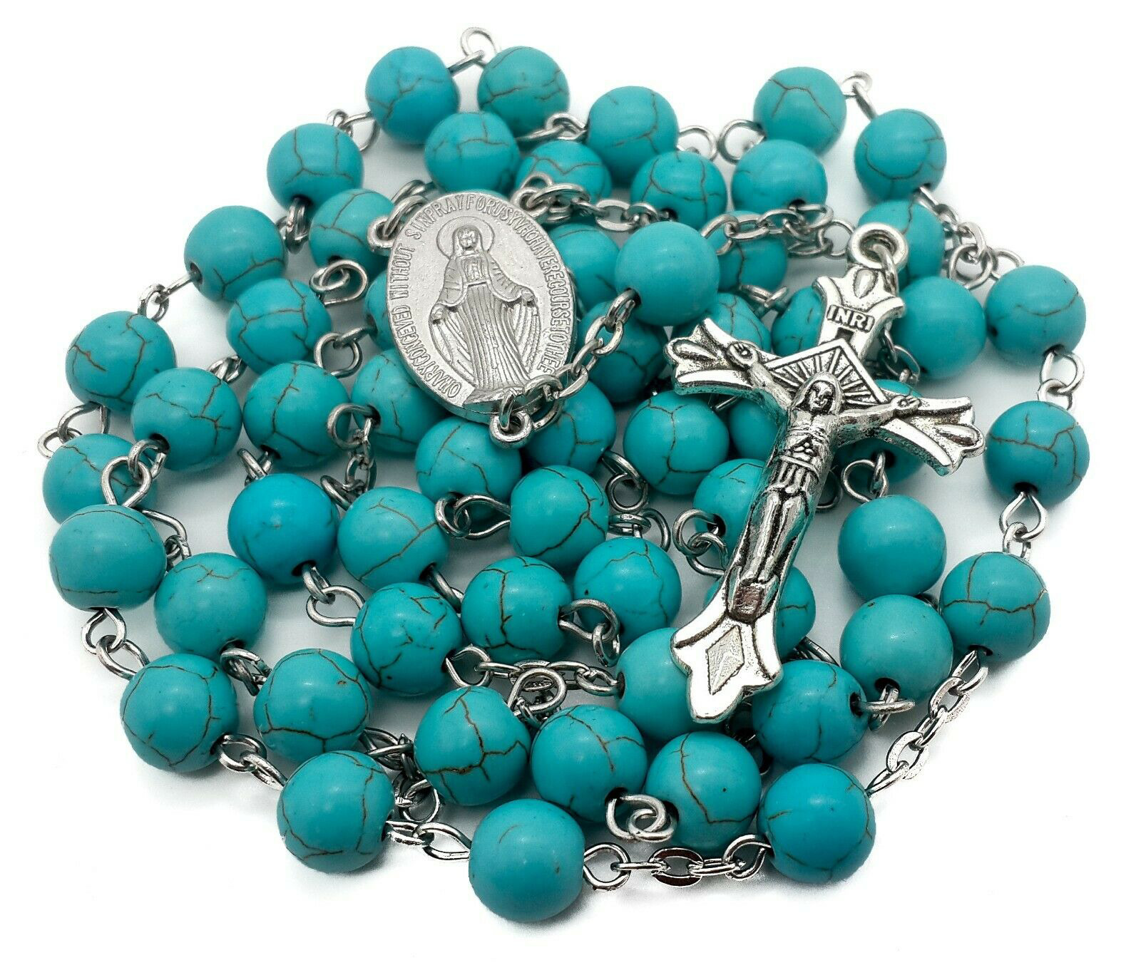 Turquoise Marble Beads Silver Rosary Catholic Necklace Miraculous Medal Cross