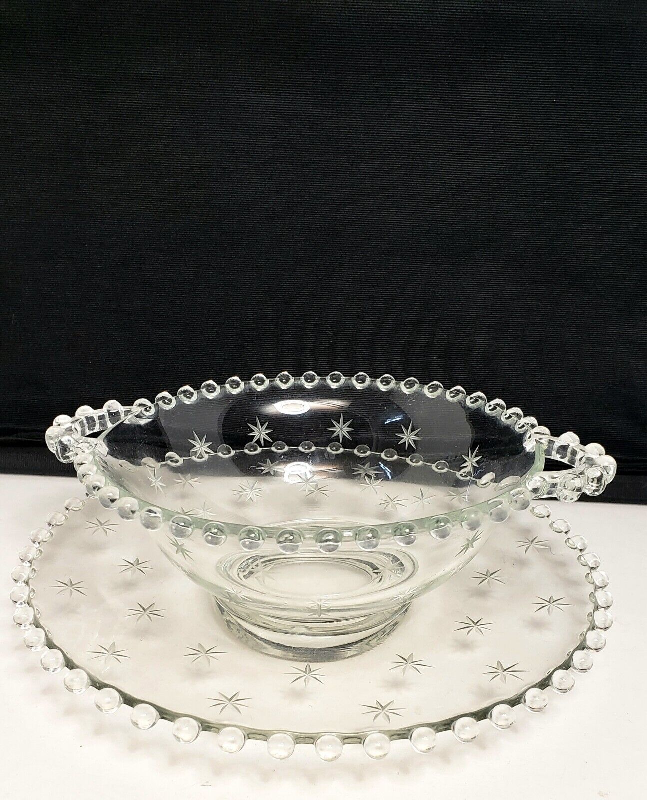 Vintage Imperial Glass Candlewick Etched Starlight Handled Bowl 7.25 Plate 8\