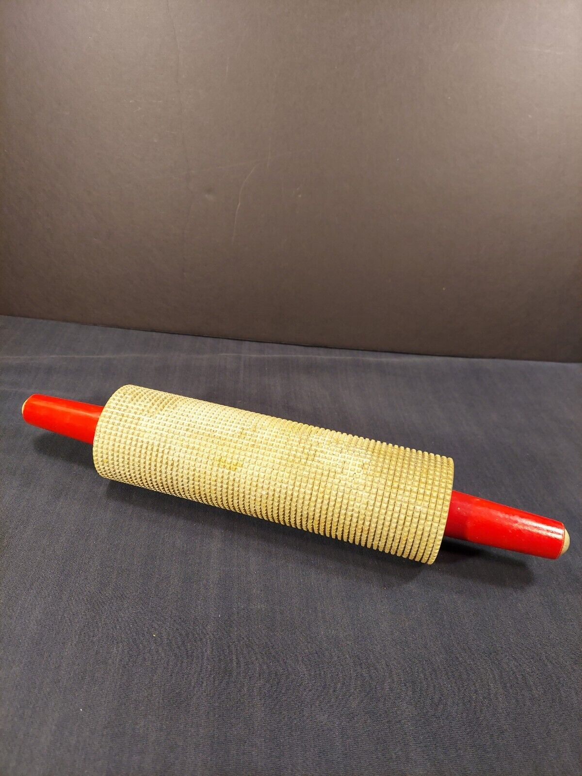 Vtg Lokstad Wood Rolling Pin Lefse Flatbread Textured Red Handles