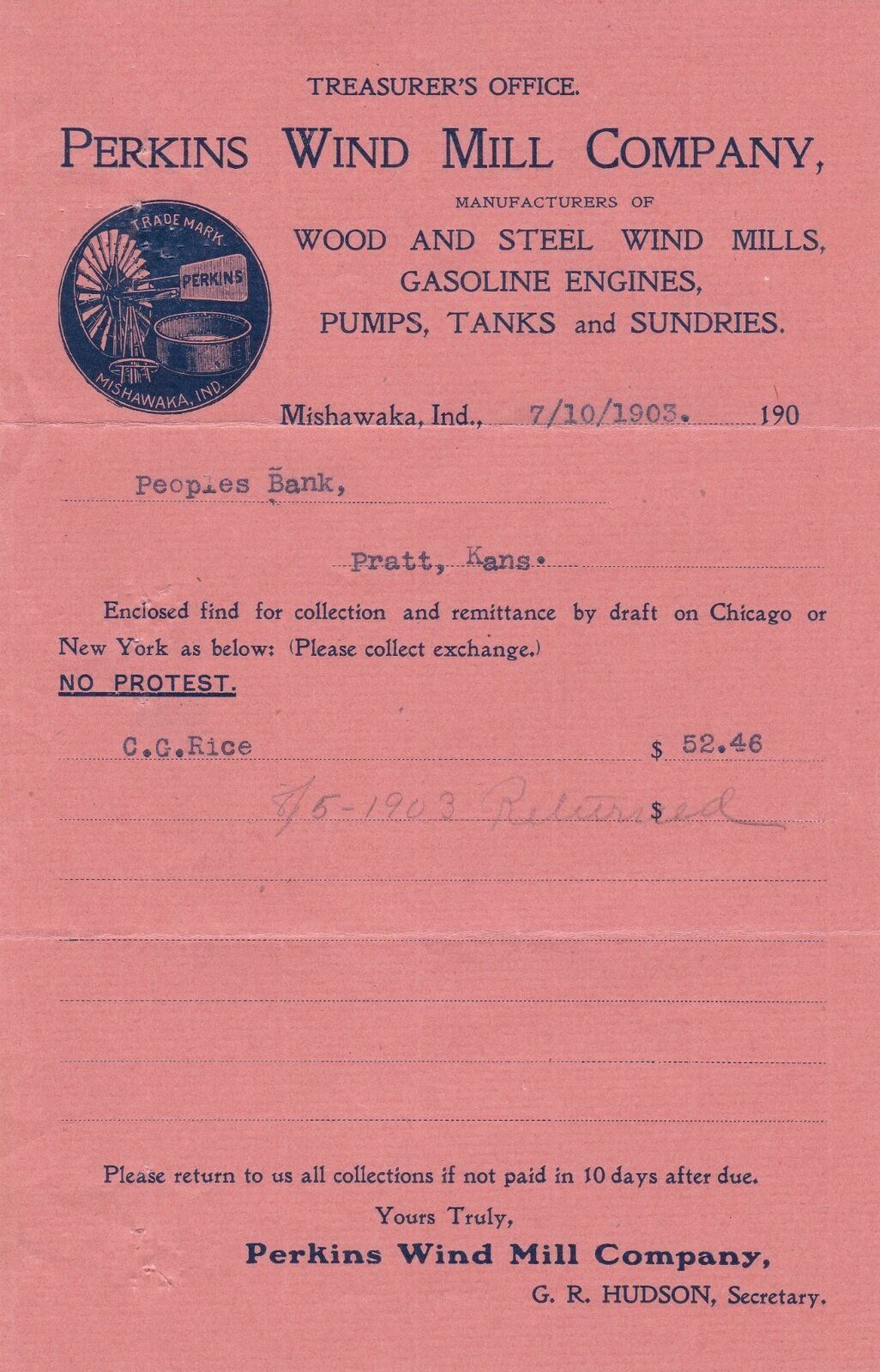 U.S. PERKINS WIND MILL COMPANY, Logo, Ind. Manfs. 1903 Headed Invoice Ref 44530