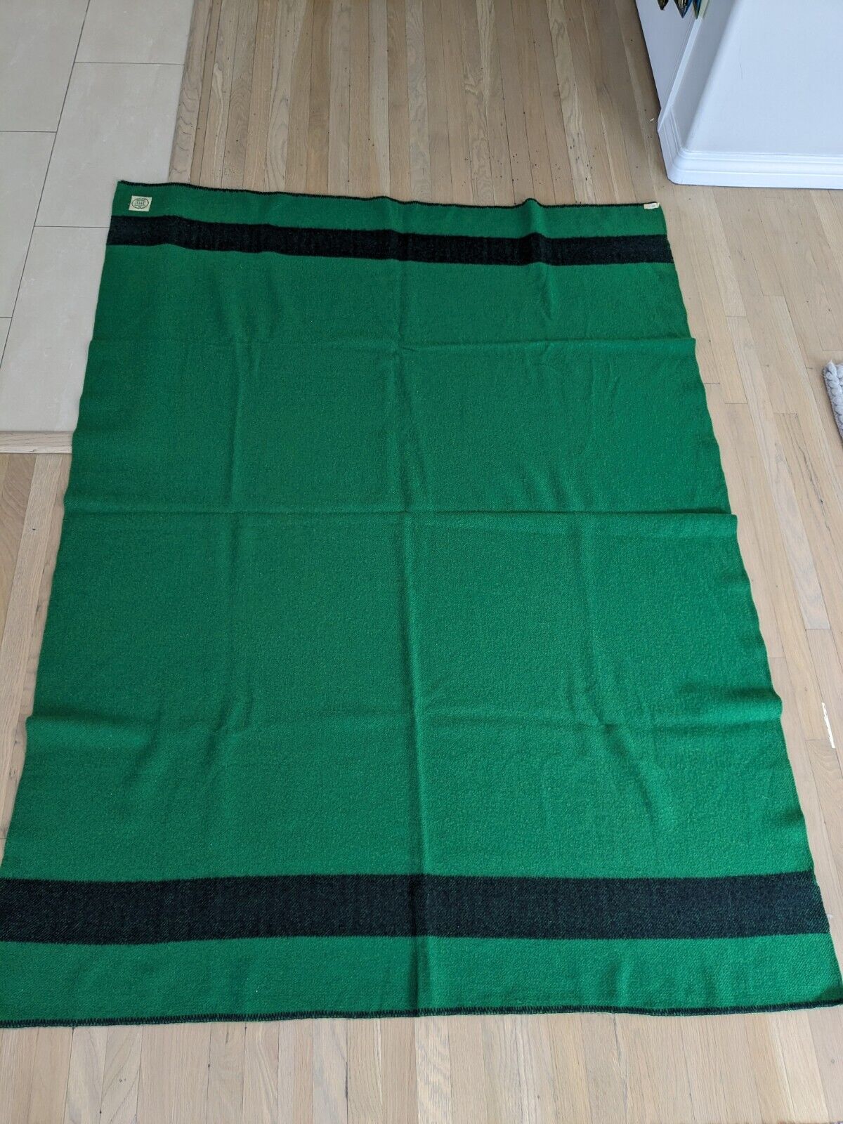 Vintage H.B. Horn Bros Canadian Made 100% Wool Blanket Green W/ Black Stripes