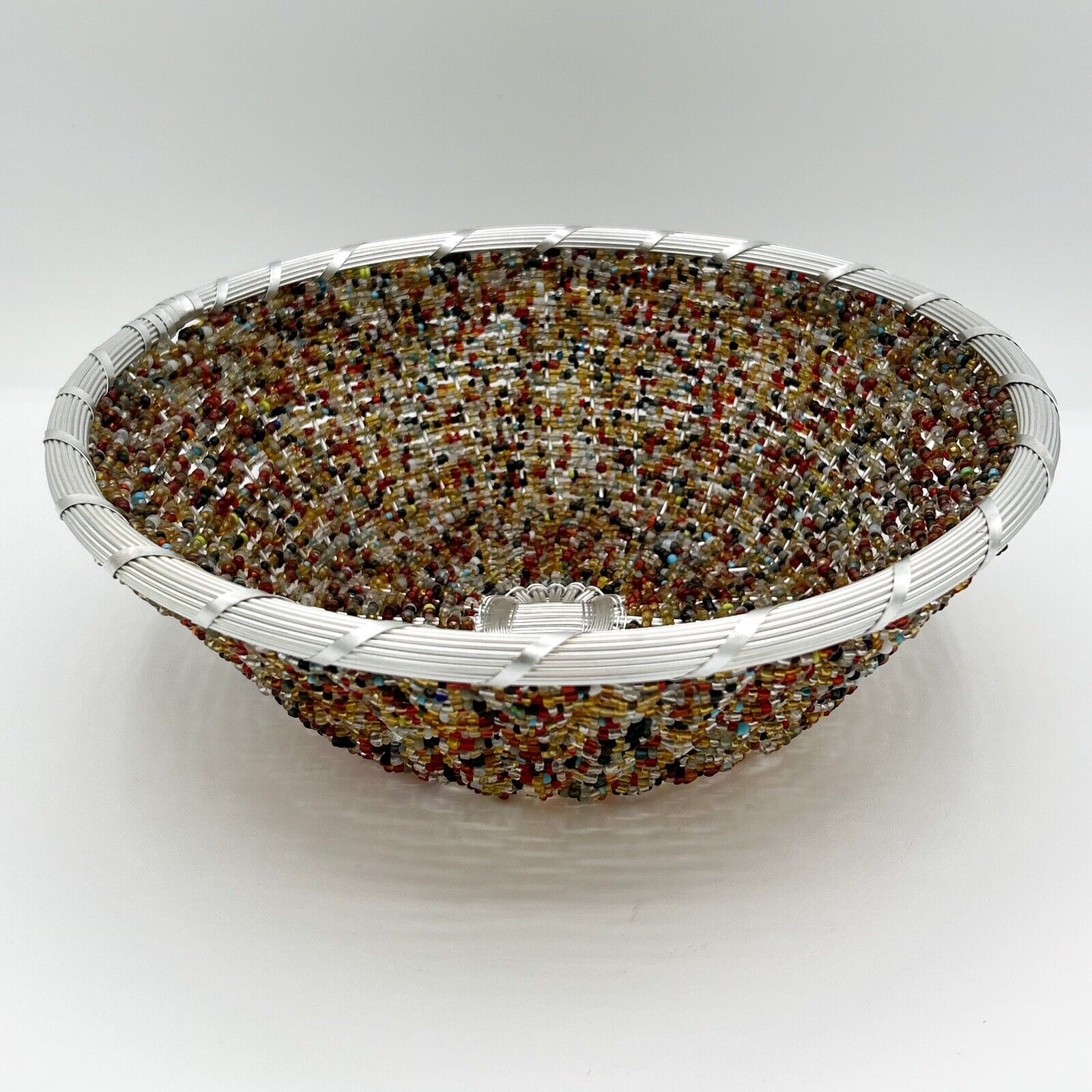 Silver Wire And Seed Bead Woven Basket 10”