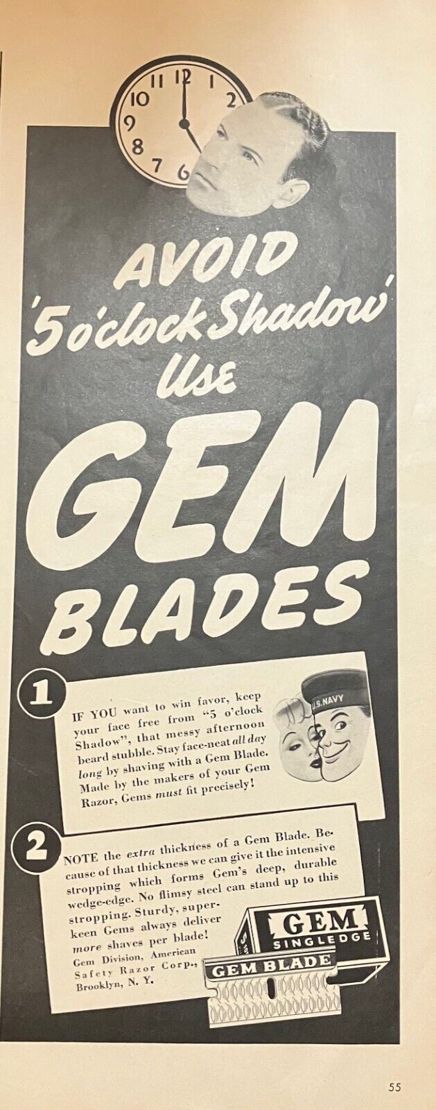 Rare 1940s Vintage Original GEM Razor Shaving Blades WW2 Navy Advertisement Ad