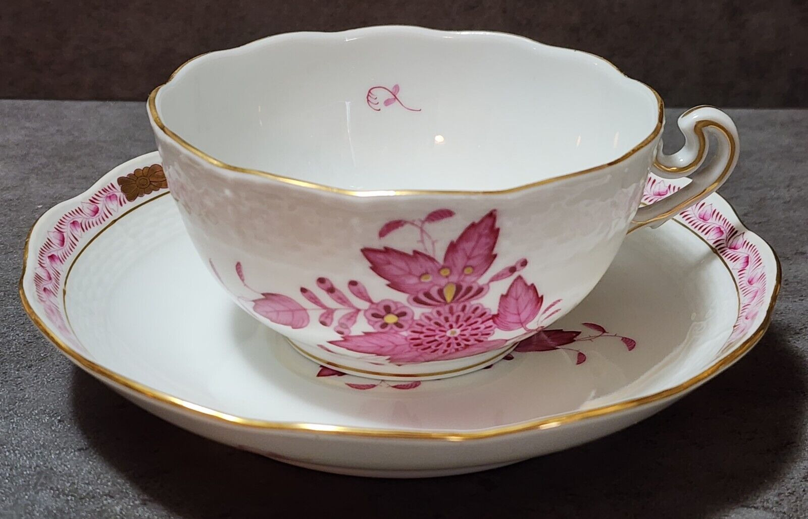 Herend Chinese Bouquet Raspberry Cup & Saucer Ornate Handle