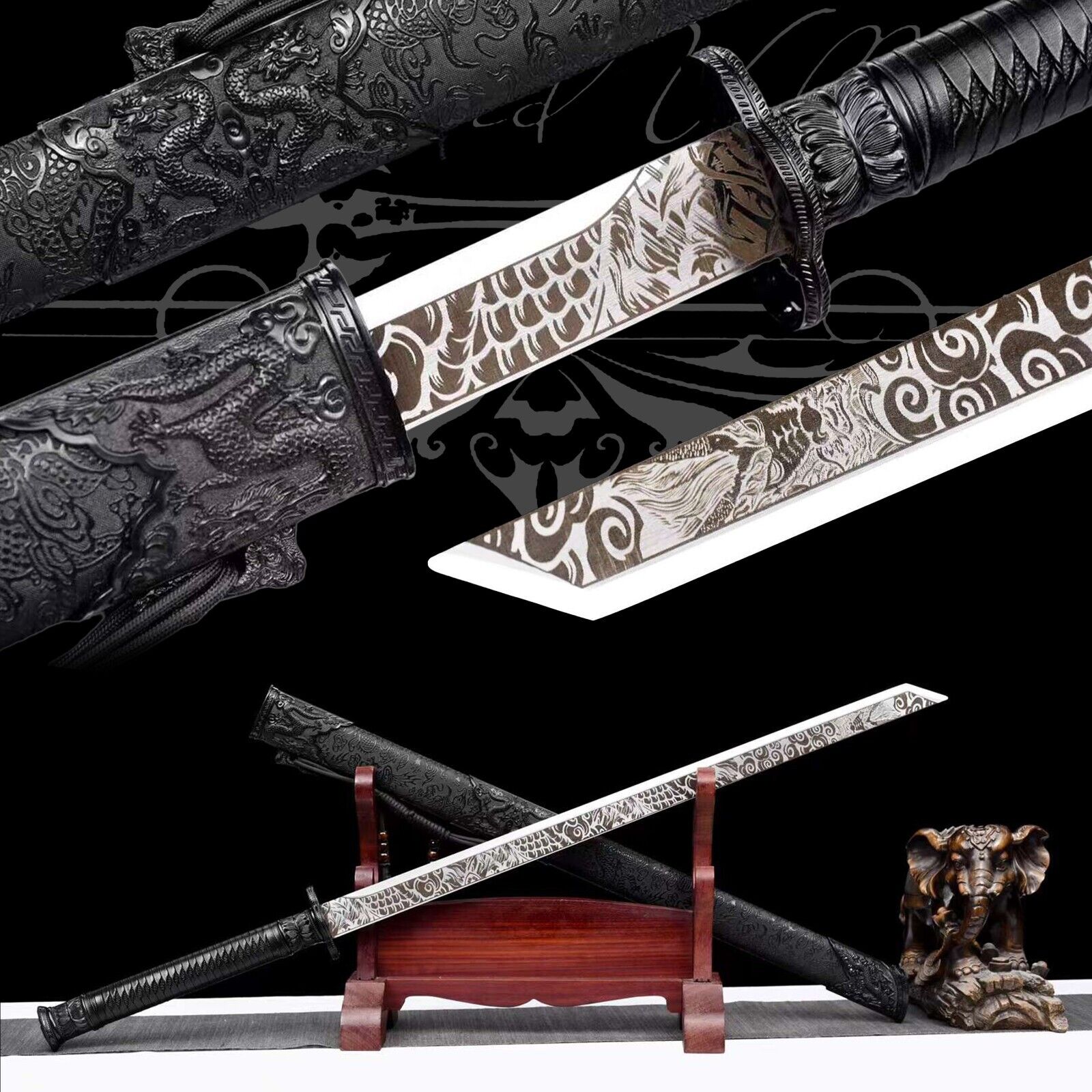 Handmade Katana/Black/Manganese Steel/Collectible Sword/Full Tang/Battle Ready