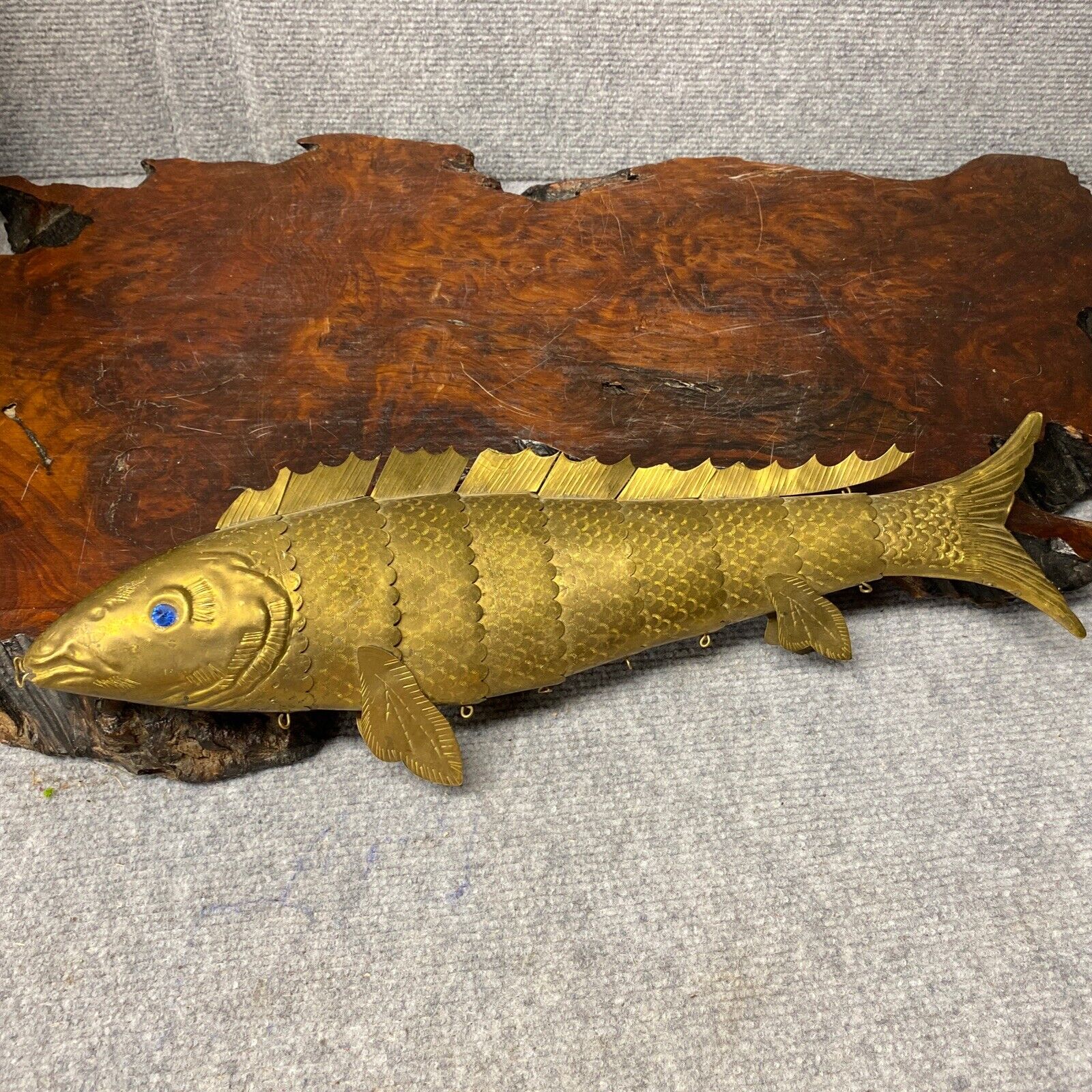 Brass Articulated Fish with Blue Eyes Rare Vintage 16.5” Long