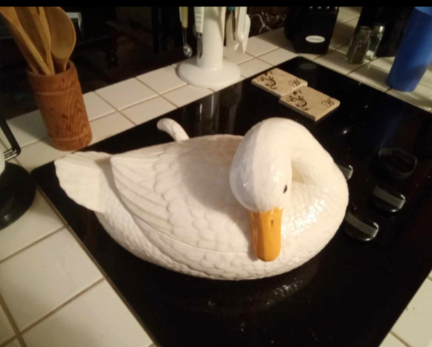 VTG Detailed Duck w/Feather Design Soup Tureen with Ladle Signed & Dated, White.