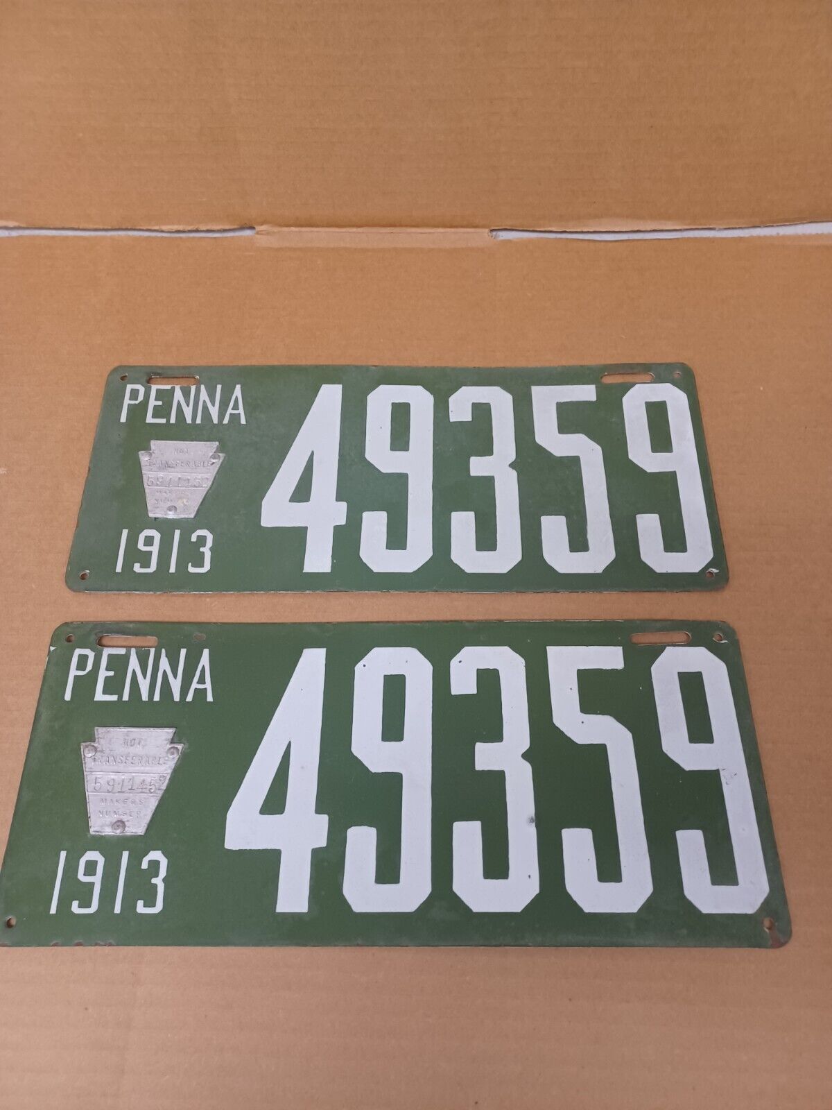 Set of (2) -- 1913 PA Pennsylvania license plate Porcelain -- matching numbers