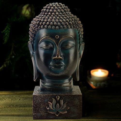 Rustic Spiritual Buddha Head Figurine Meditation Bust Statue Lotus Display Base