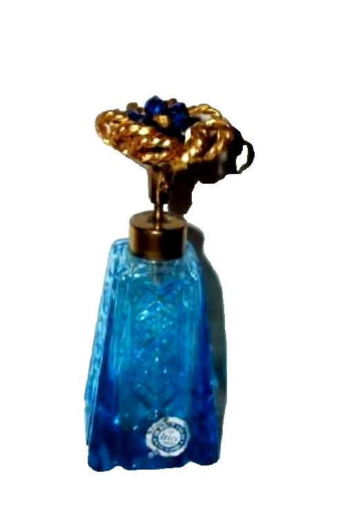 IRICE AQUA BLUE PERFUME ATOMIZER PATTERN GLASS JEWELED ORMOLU KNOT TWIST LABEL