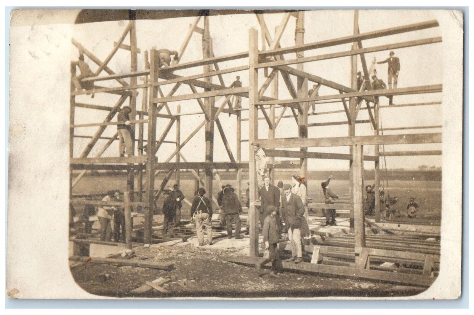 1912 Barn Construction Workers Peotone Illinois IL RPPC Photo Antique Postcard