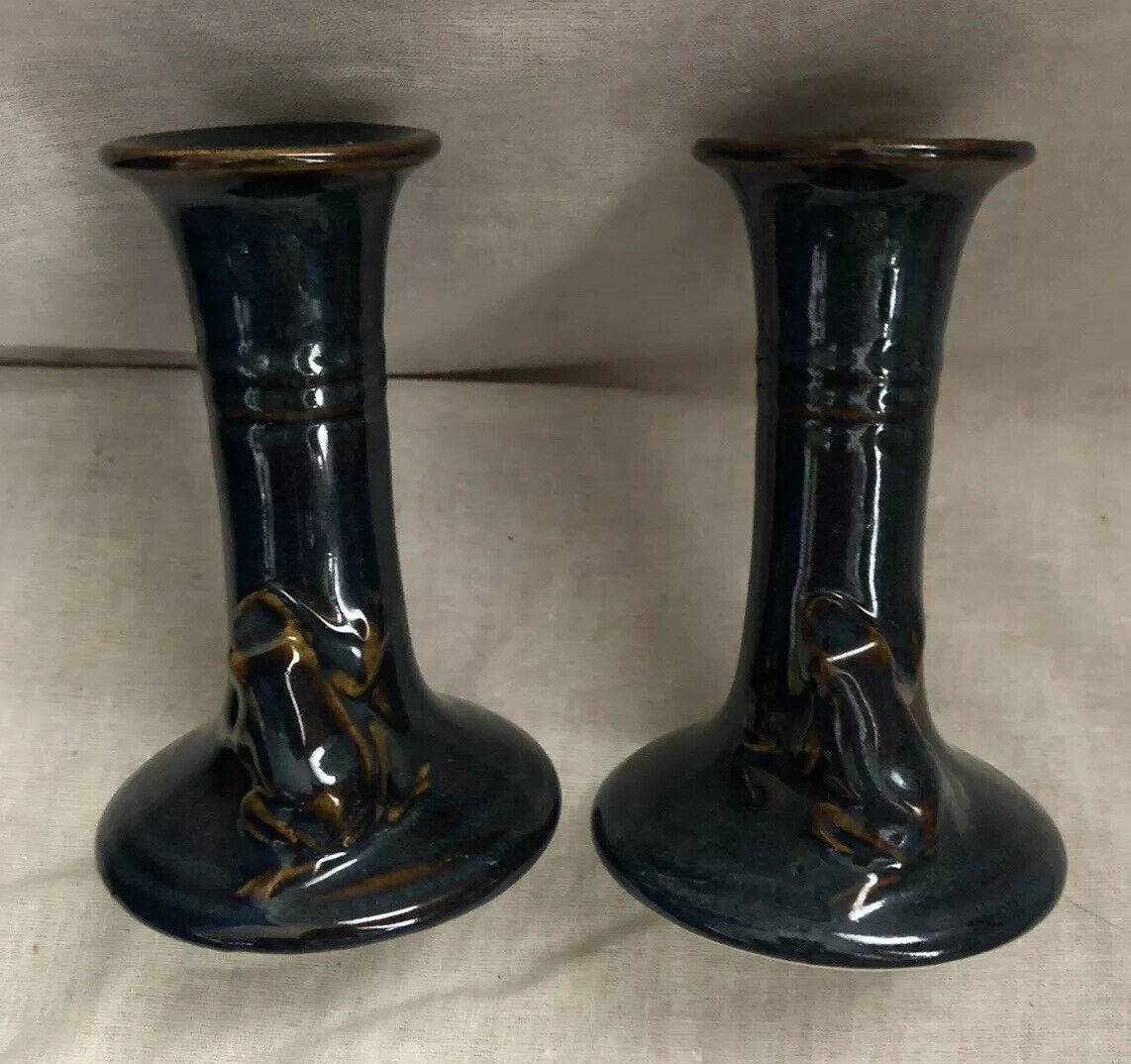 Set Of 2 Ceramic Candle Holders with Frog on Side Dark Teal Bronze Colors
