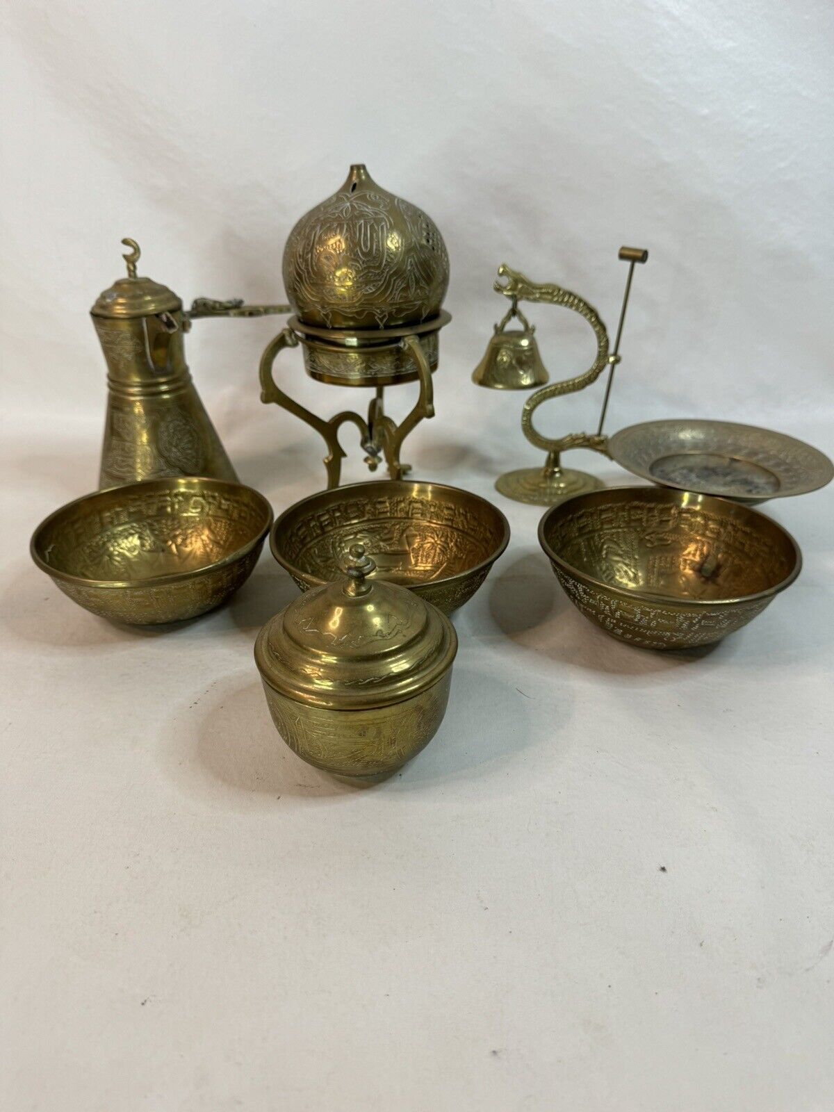 Vintage Arabic Islamic Persian Inlay Copper Bronze Coffee Tea Set