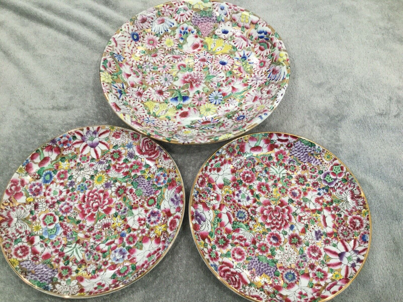 Vintage Chinese Handpainted 4 Character Mark ,Floral/gold Accents 2 Plates,Bowl.
