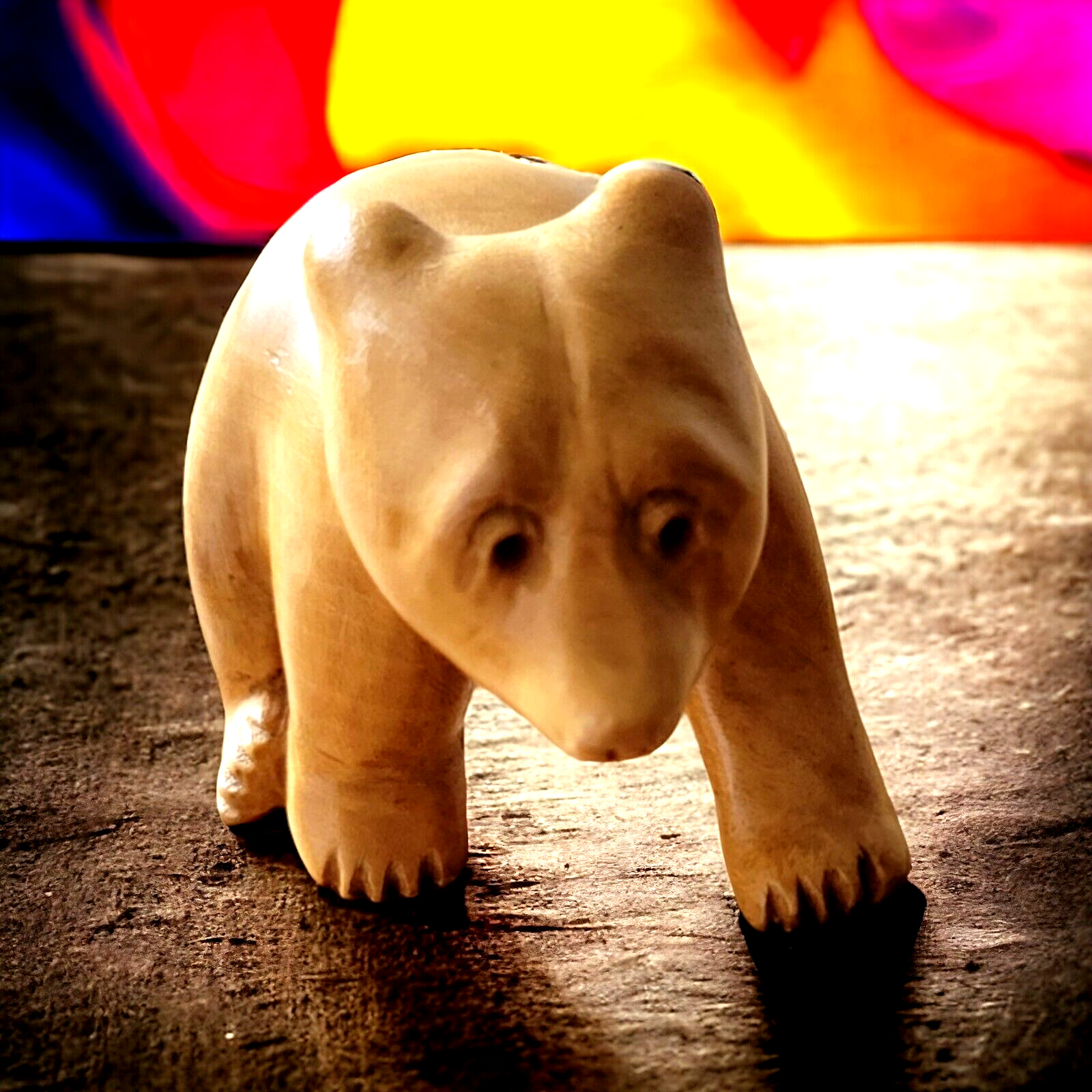 Hand Carved Wood Bear Cub Signed Burl Wood Artisan Folk Art Figurine
