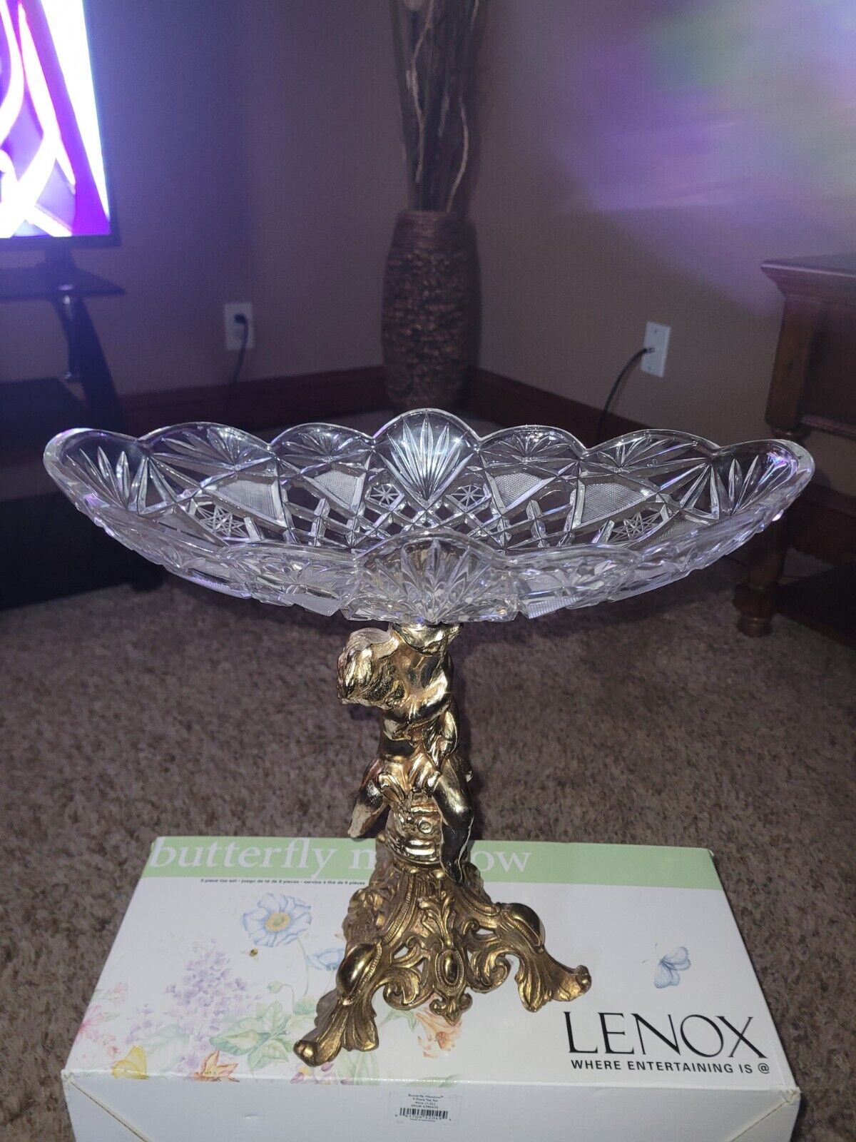 Antique Bronze And Crystal Centerpiece/Fruit Holder/Baby Angel