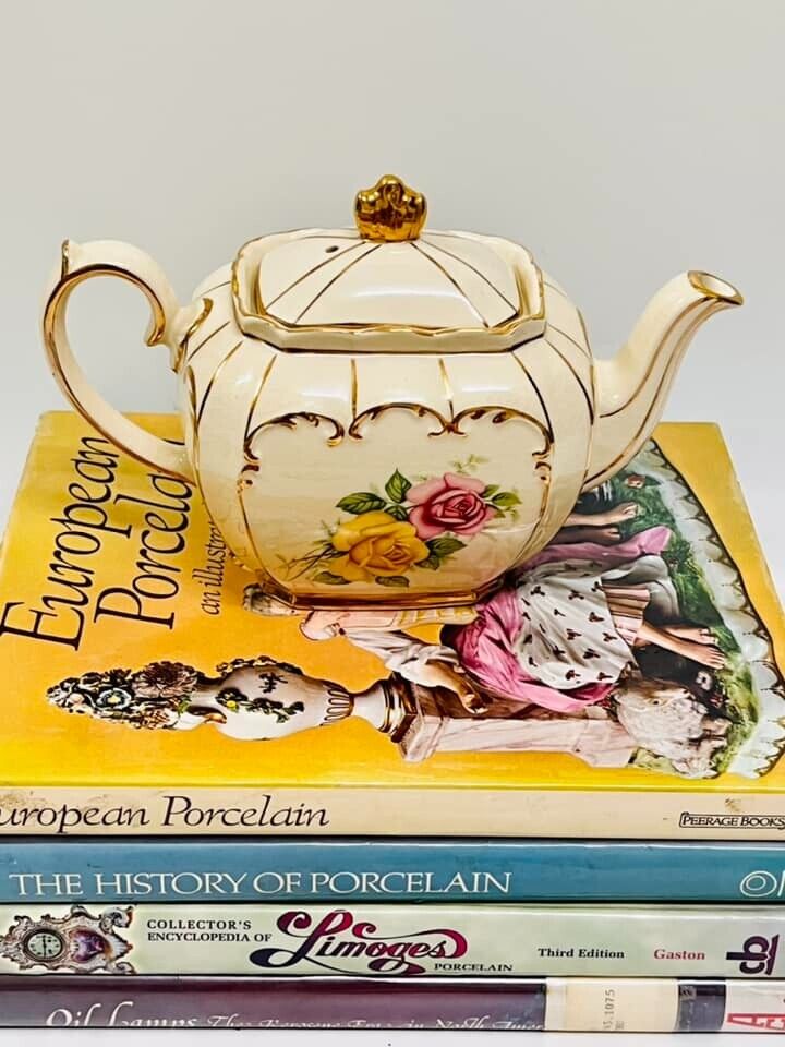 Vintage Sadler England Teapot, Cube Shaped Roses Floral , Gold Trim
