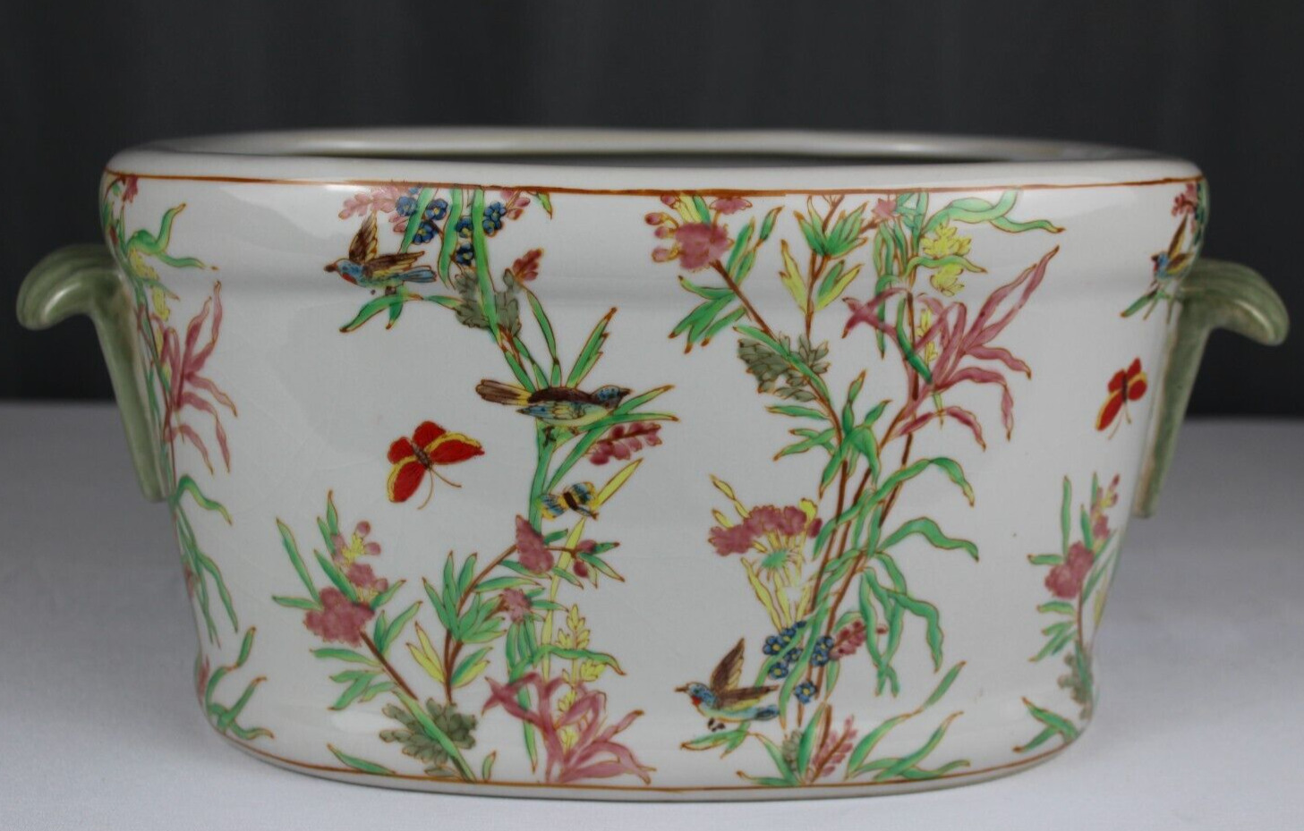 Chinese porcelain foot bath/planter, hand painted flowers, birds, butterflies