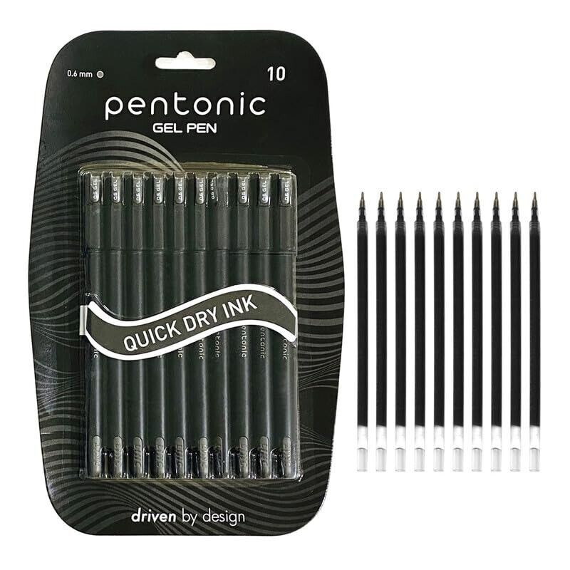 Pentonic 0.6mm Black Ink Gel Pen & Refill Combo 10 Pcs Pens with 10 Pcs Refills
