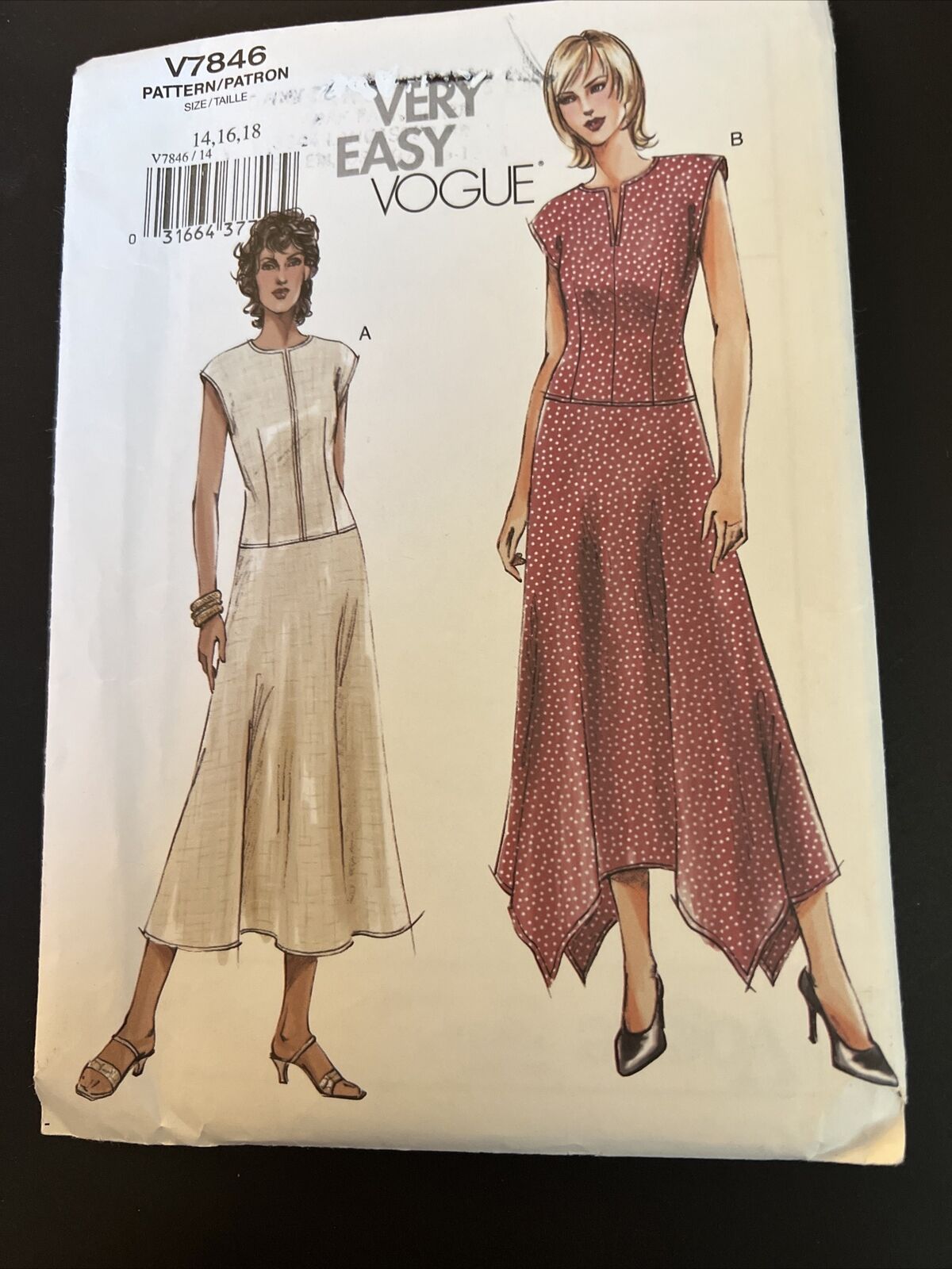 Vogue Pattern 7846 Loose Topstitched Low Waisted Dress Handkerchief Hem Sz 14-16