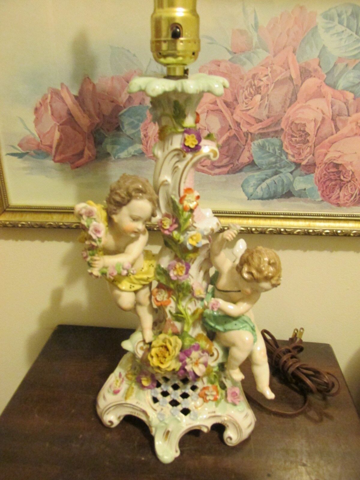 Antique 19th Century Dresden Porcelain Germany Lamp Putti Cherub Flowers 