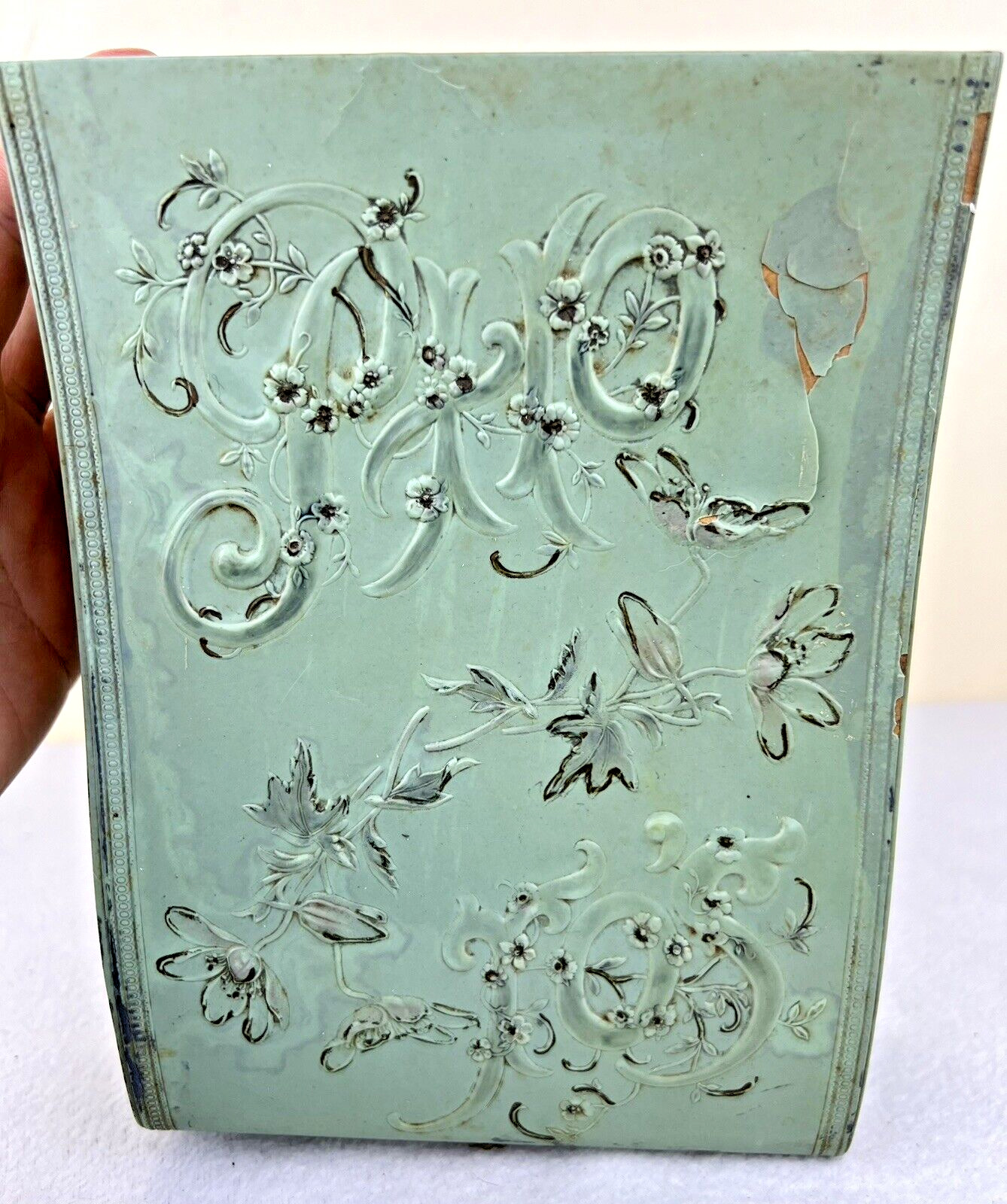 Antique Victorian Photo Dresser Box Soft Blue/Green Embossed Cover Hinged 8.25”
