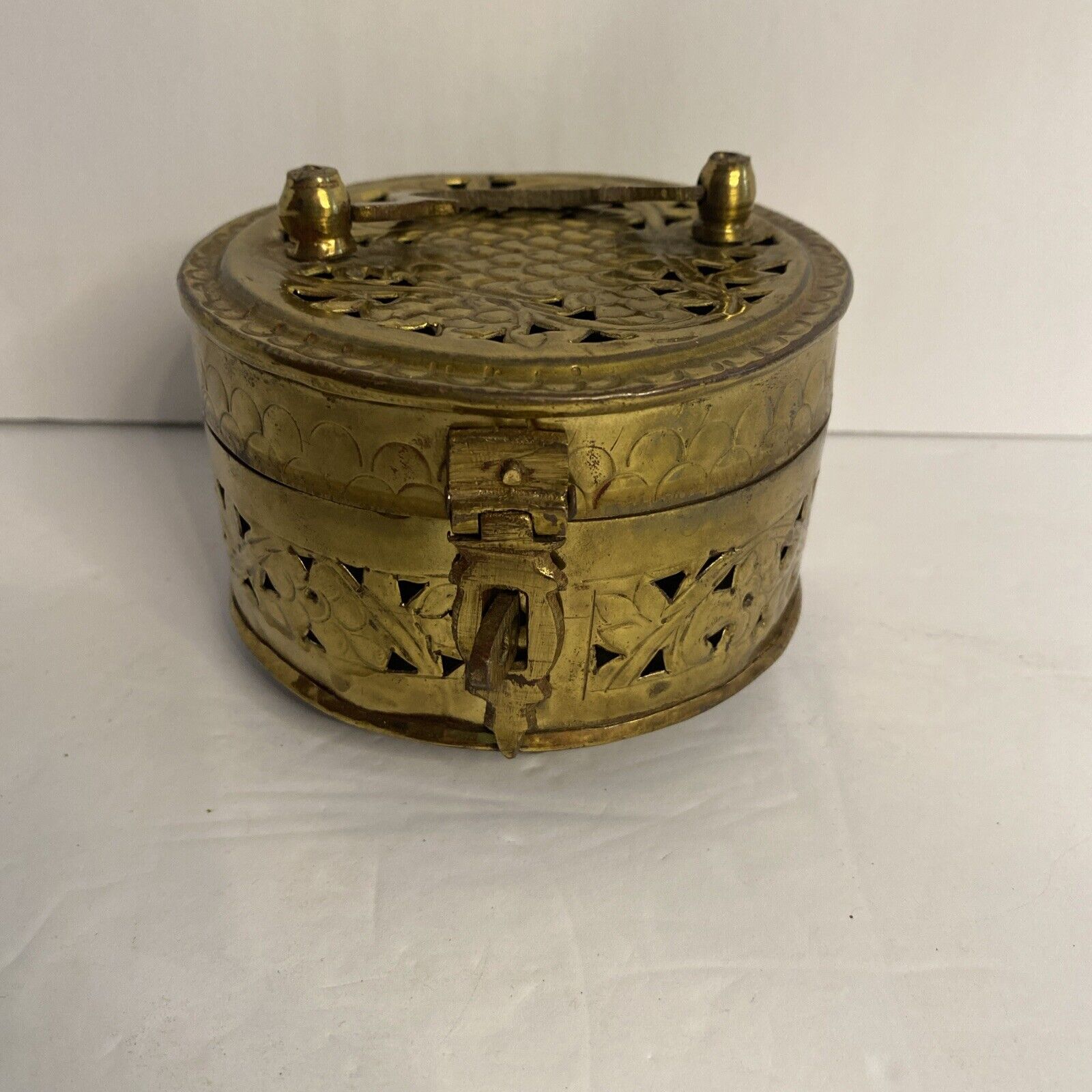 Vintage Oval Pierced Brass Potpourri Cricket Box With Lockable Hinged Lid